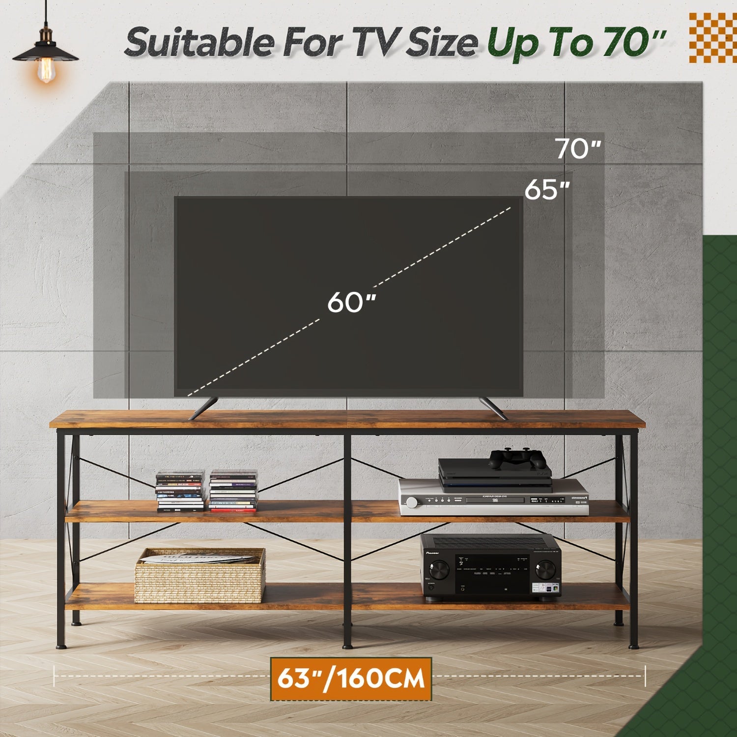 TV Stand for 65 70 inch TV Entertainment Center with Storage Industrial TV Console for Living Room Long 63’’ TV Cabinet