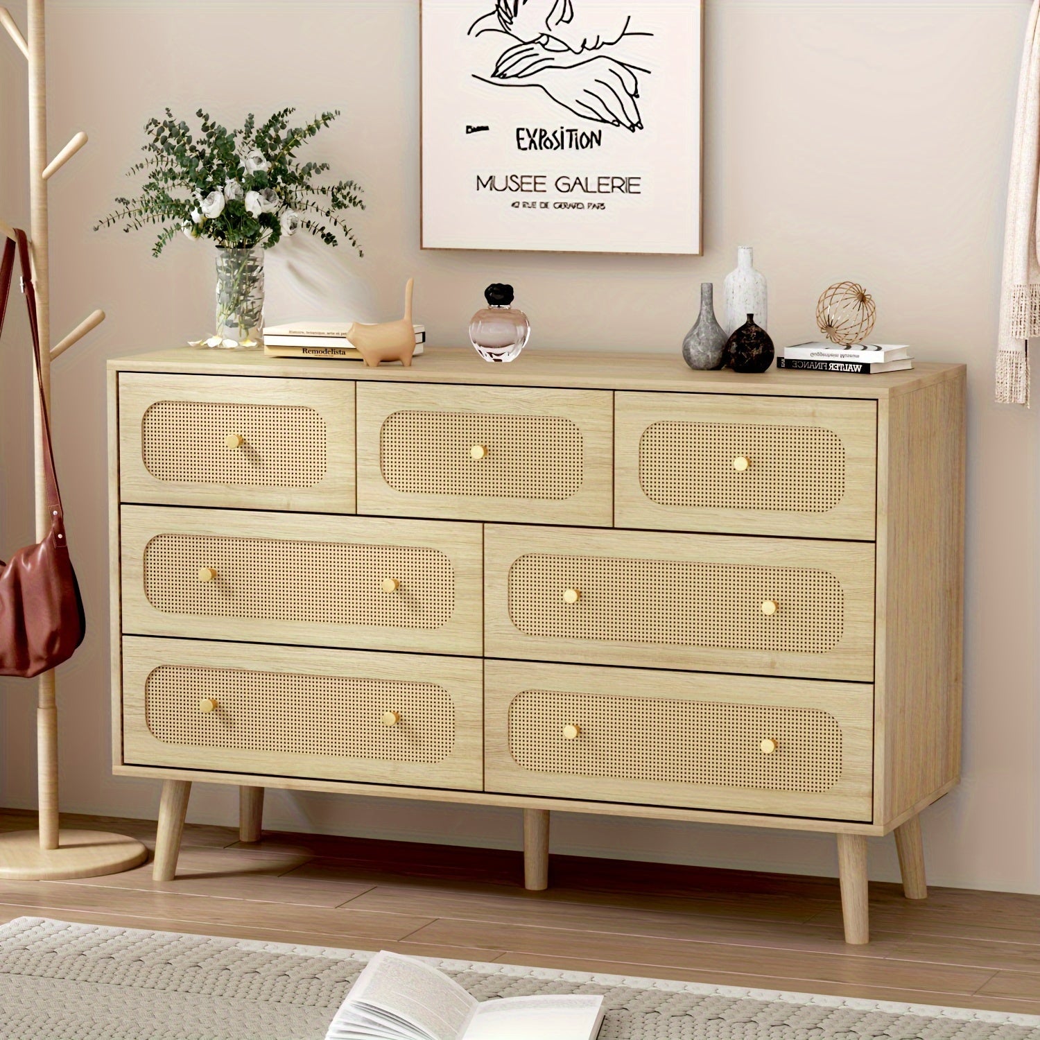 Natural Rattan Dresser For Bedroom Modern Wood 7 Drawer Dresser With Gold Handles - Round Corner - Dresser Westberry