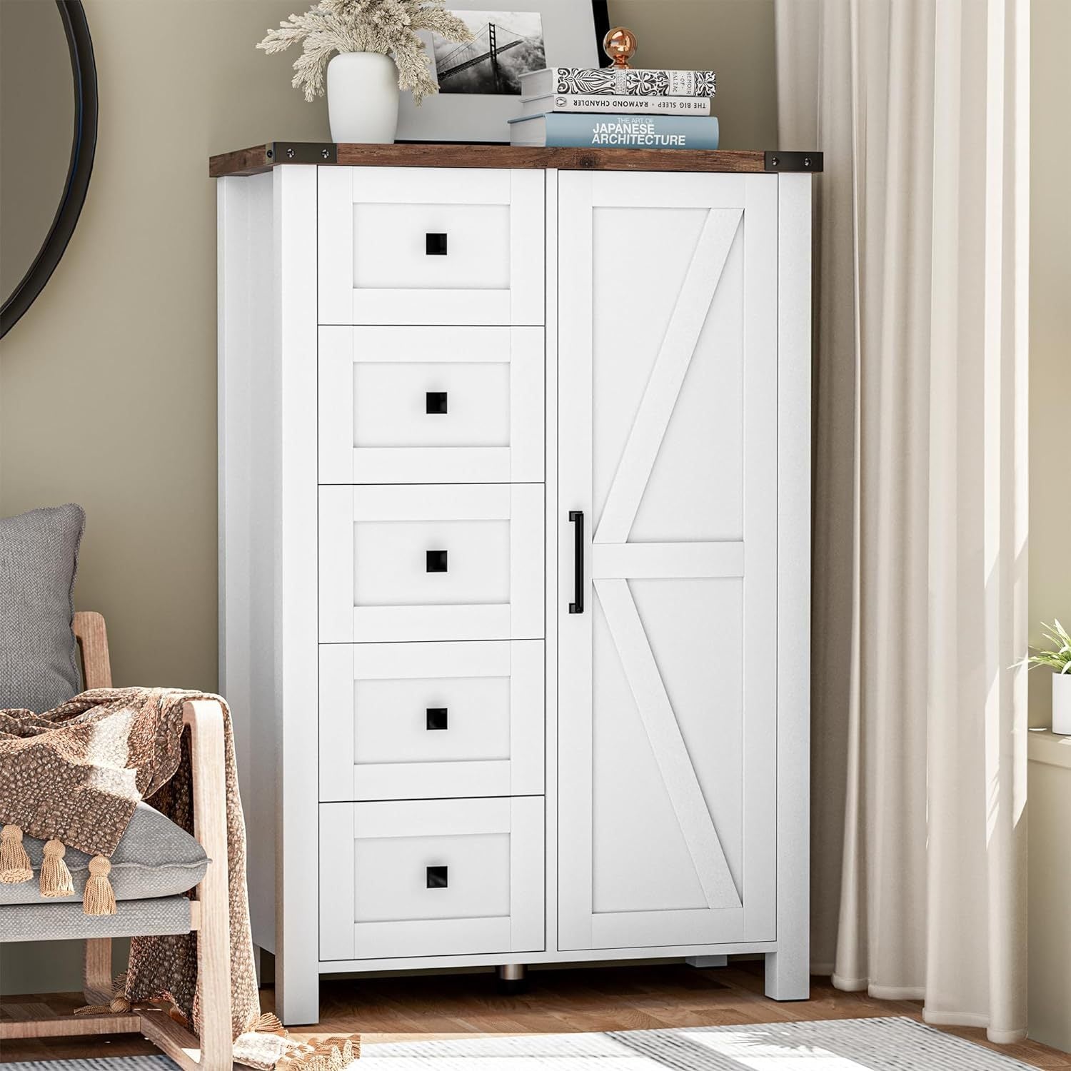 Farmhouse 5-Drawer Dresser with Barn Door, White Storage Cabinet for Bedroom, 48 Inch Tall, Under 3.2 Cubic Feet