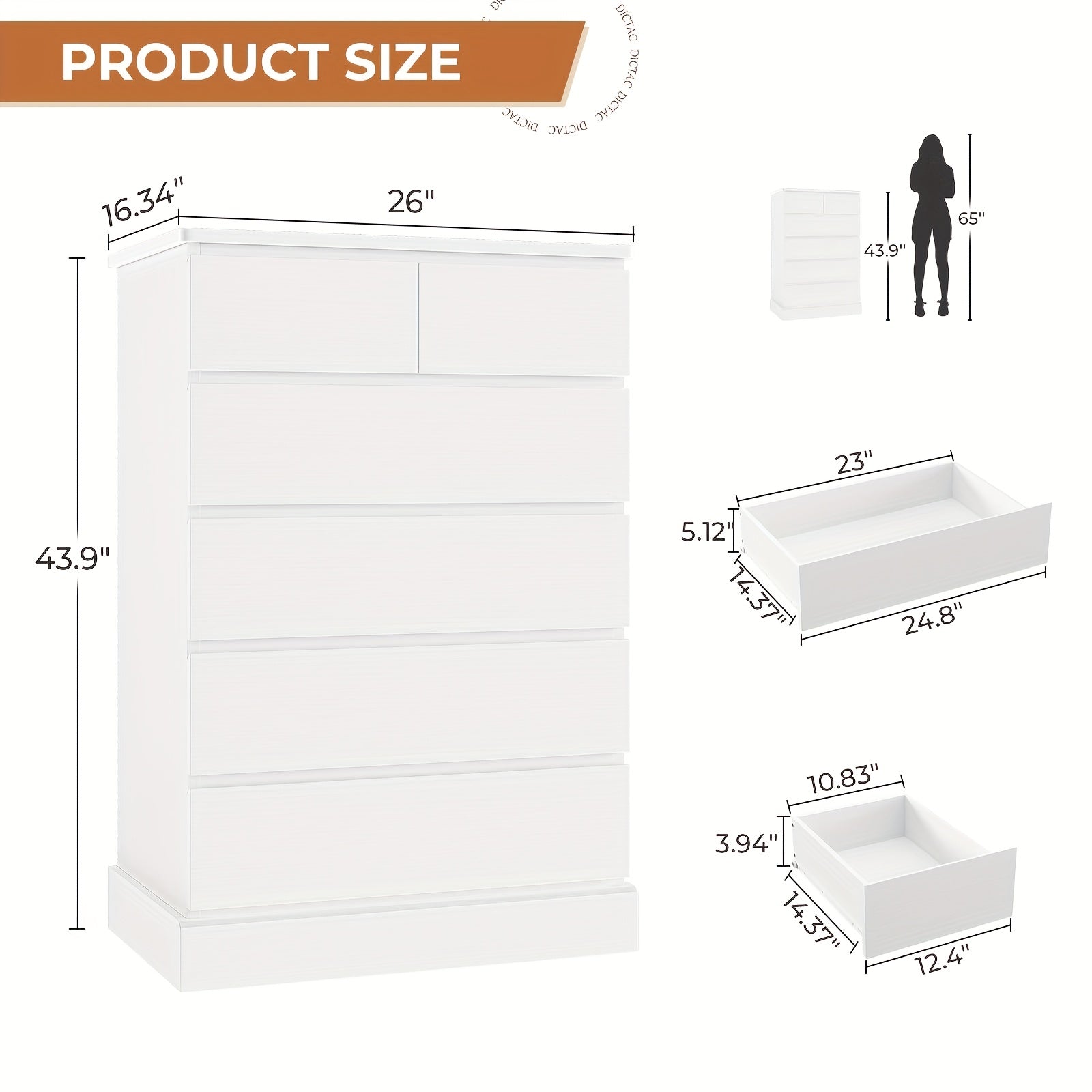 Tall Dresser with 6 Drawers for Bedroom, 43.9 Inch Tall Dresser And Chest Of Drawers, Modern Closet Organizer And Storage, Large Vertical Dresser for Bedroom, Closet, Hallway