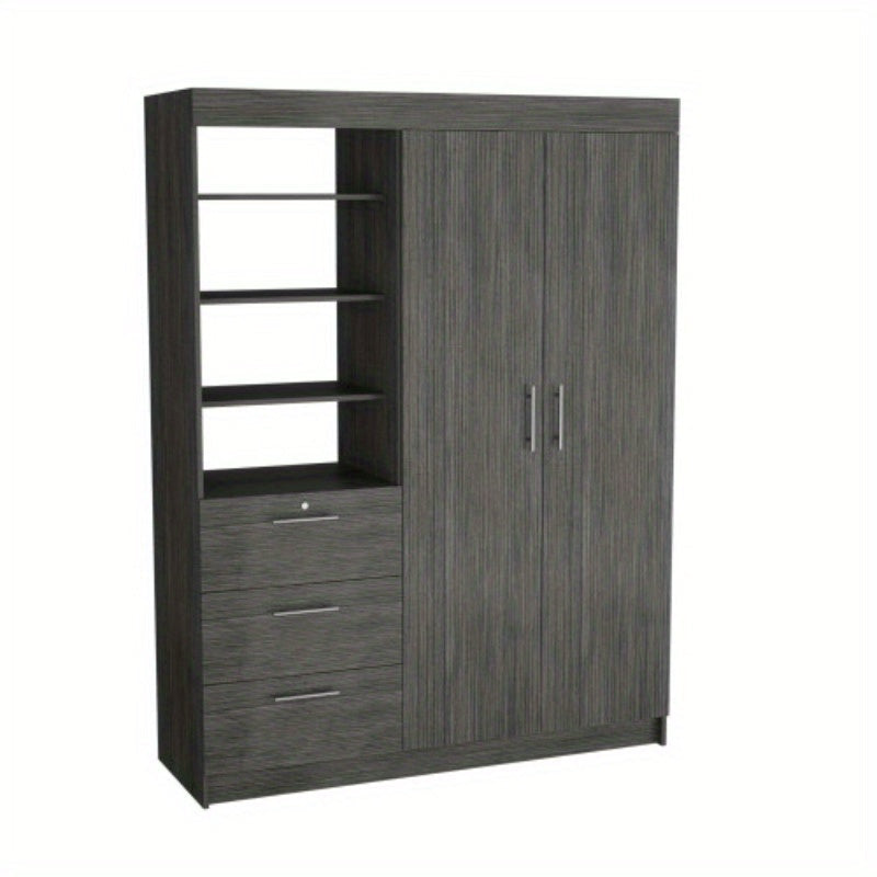 Smokey Oak 3-Tier Armoire with Metal Handles - Spacious Storage Cabinet with Shelves and Drawers for Bedroom, Living Room, or Office Decor