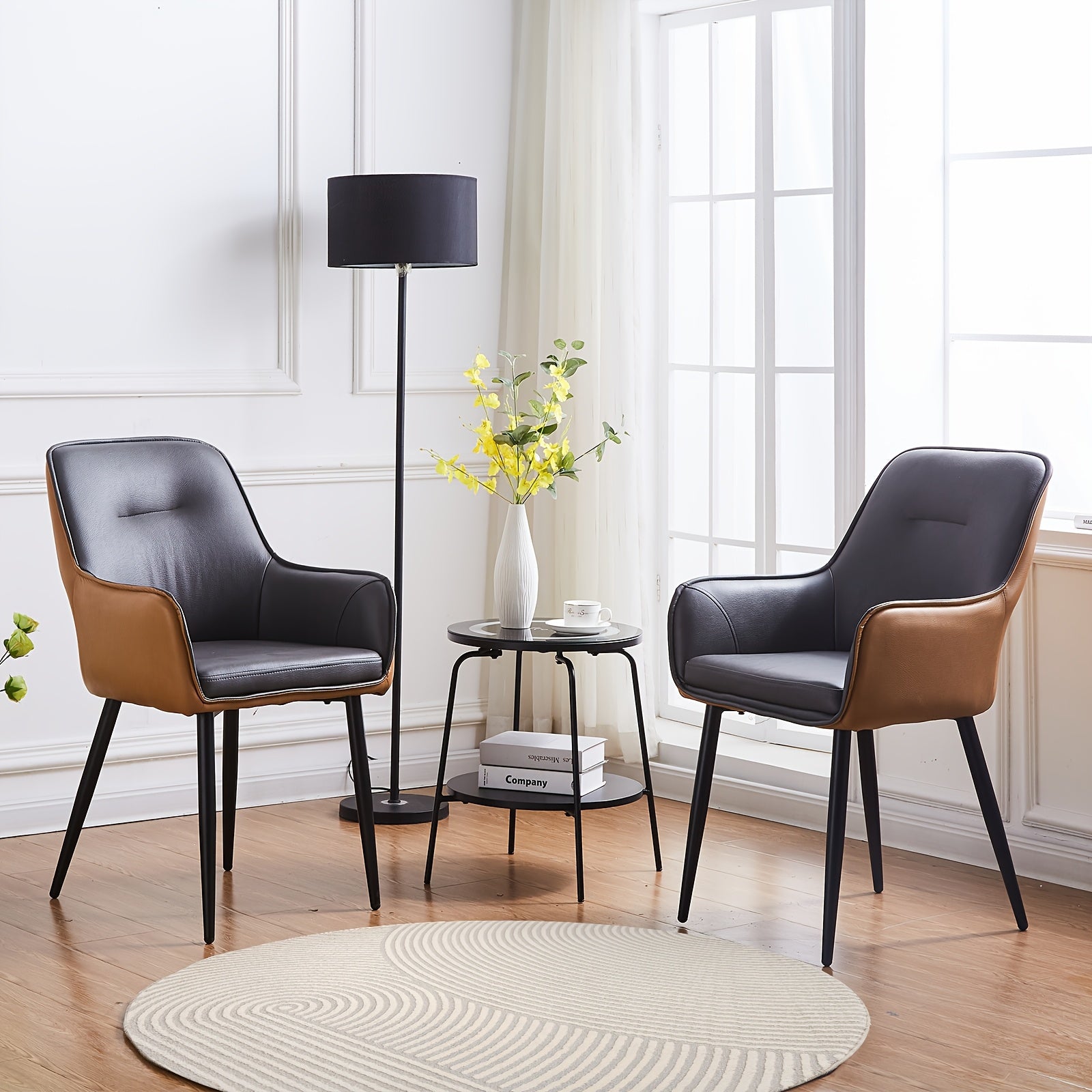 Set of 2 Vintage Upholstered Dining Chairs Faux Leather Padded Armchairs with Solid Back Metal Frame & Legs Wipe Clean