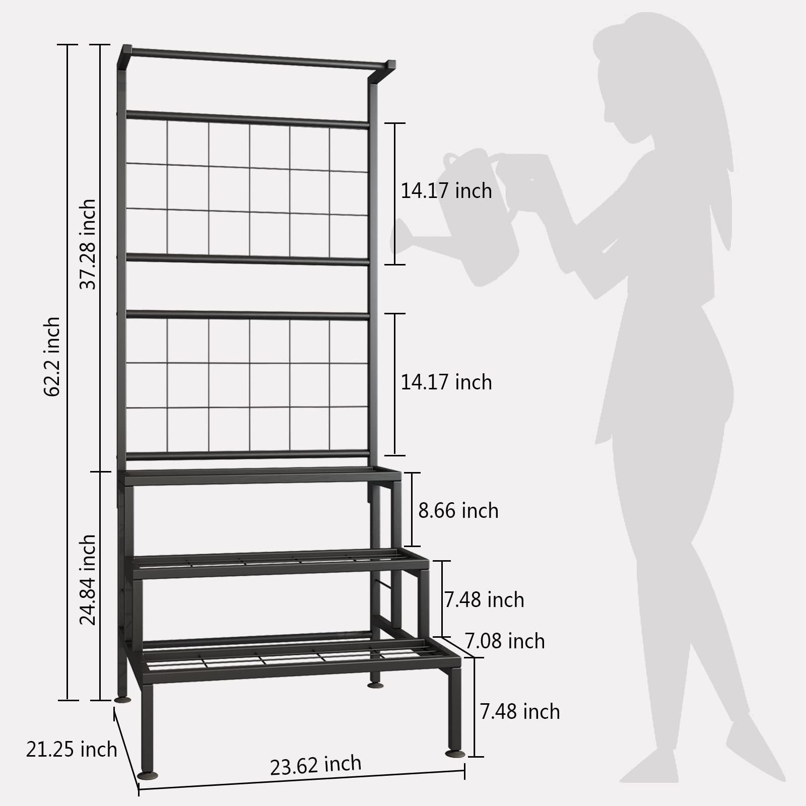 Plant Stand 3-Tier Hanging Shelves Flower Pot Organizer Multiple Flower Display Holder Indoor Outdoor Heavy Duty Potted Planter Rack Unit with Grid Panel, size 23.62 x 21.25 x 62.14 inches