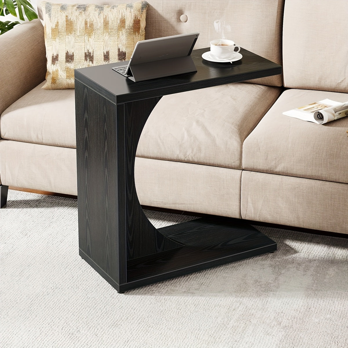 Modern Black C-Shaped End Table - Compact Side Table for Small Spaces, Adjustable Feet, Easy Assembly & Cleaning