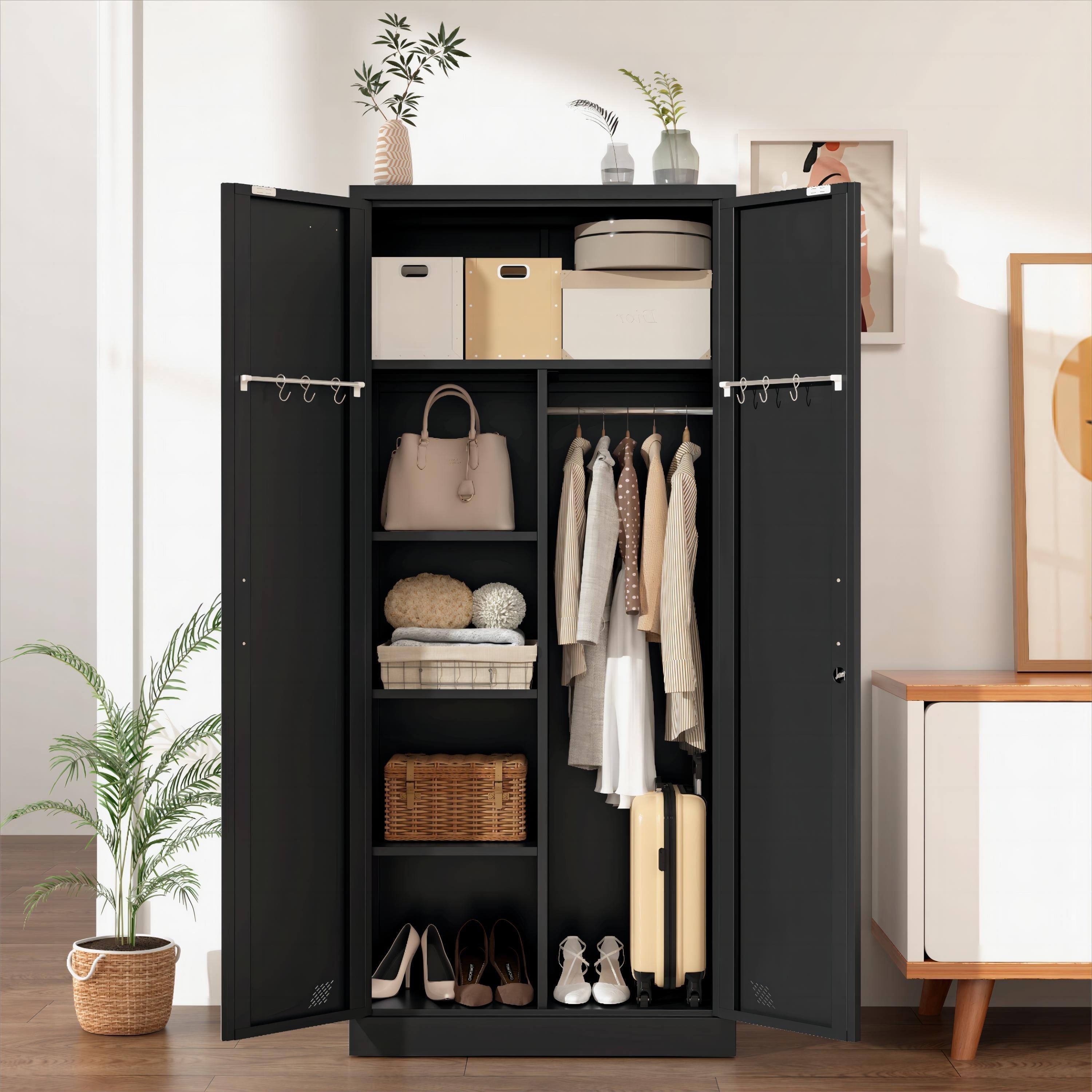 Modern Freestanding Wardrobe Armoire with Metal Handle - BLACK - Wardrobe & Armoire’s Westberry Furniture