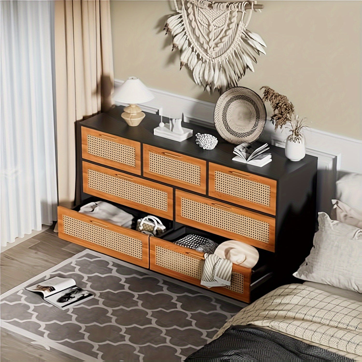 7 Drawer Double Dresser For Bedroom, Rattan Chest Of Dressers, Modern Wooden Dresser Chest, Beside Table For Closet, Living Room And Entryway