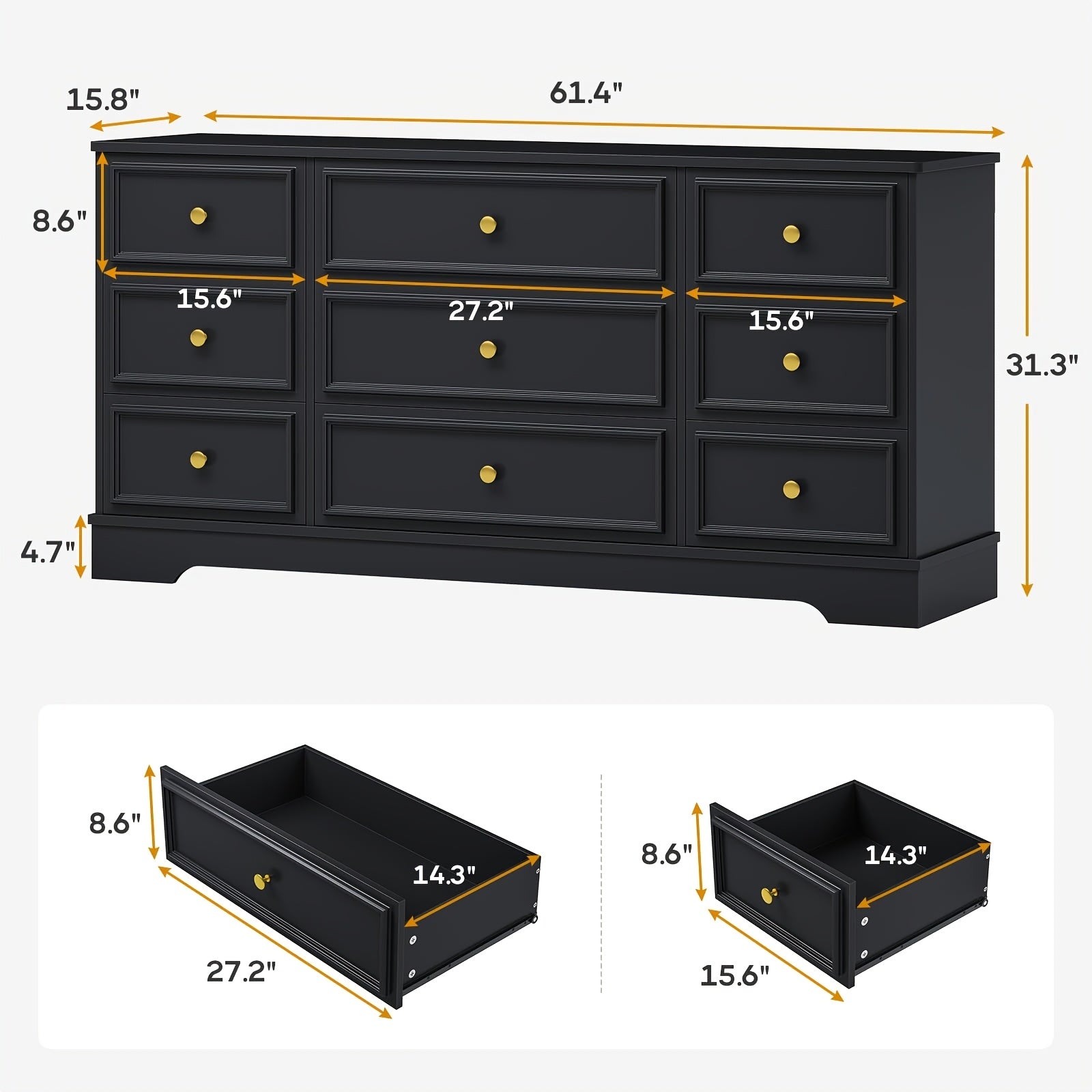 Large 9 Drawer Dresser for Bedroom, 61.4 Inch Long Modern Chest Of Drawers, Wide Dressing Wardrobe, Bedroom Furniture Organizer