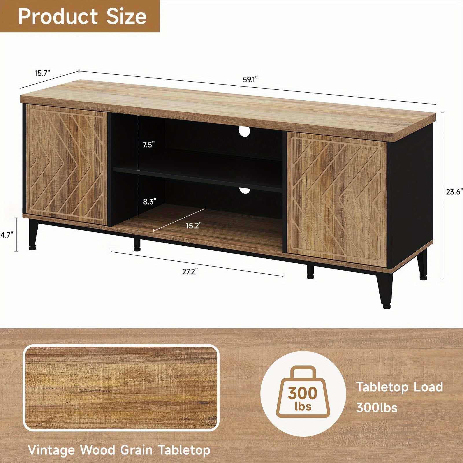 Mid-Century Modern TV Stand for 65" TV - Sleek Wooden Console with Storage, Freestanding Design, Under 27" Tall