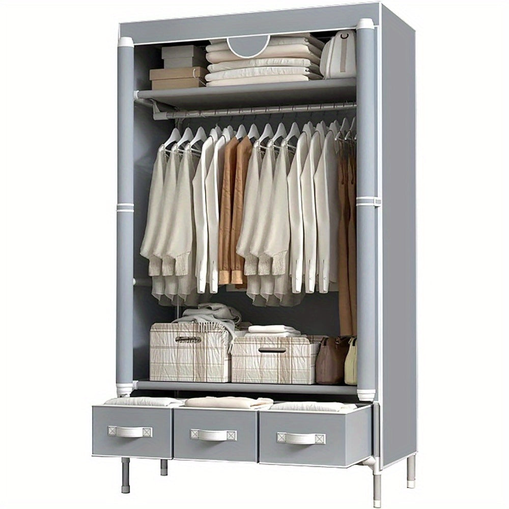 Portable Wardrobe Sliding Door Wardrobe, with Hanging Rack and Non-woven Storage Rack, with Three Drawer Boxes, No Tools Required for Assembly - 67in*35.4in*17.7in Gray, Portable Closets