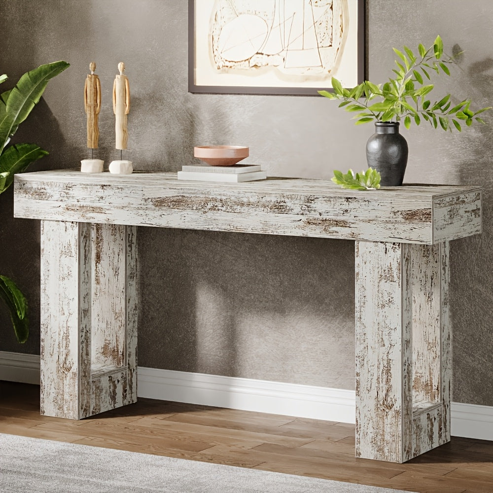 Chic 63" Long Wooden Console Table with Open Storage Space - Contemporary Farmhouse Style, Sturdy Hardwood Construction, Ideal for Entryway, Hallway, Living Room - Features Perfectly Aligned Top & Base Width