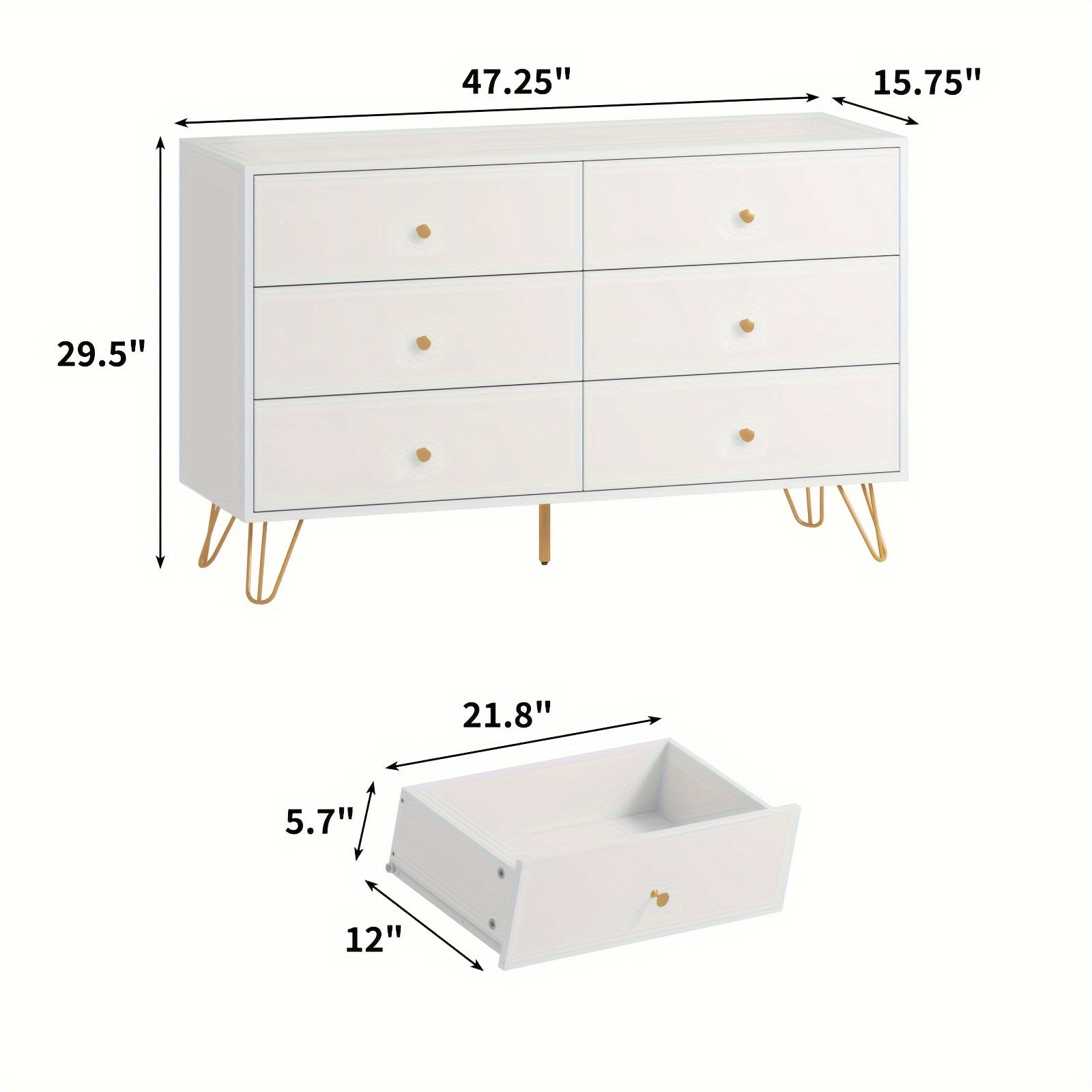 Dresser for Bedroom, 6 Drawer Dresser with Wide Drawers and Gold Metal Handles, Wood Dressers & Chest of Hallway, Entryway.