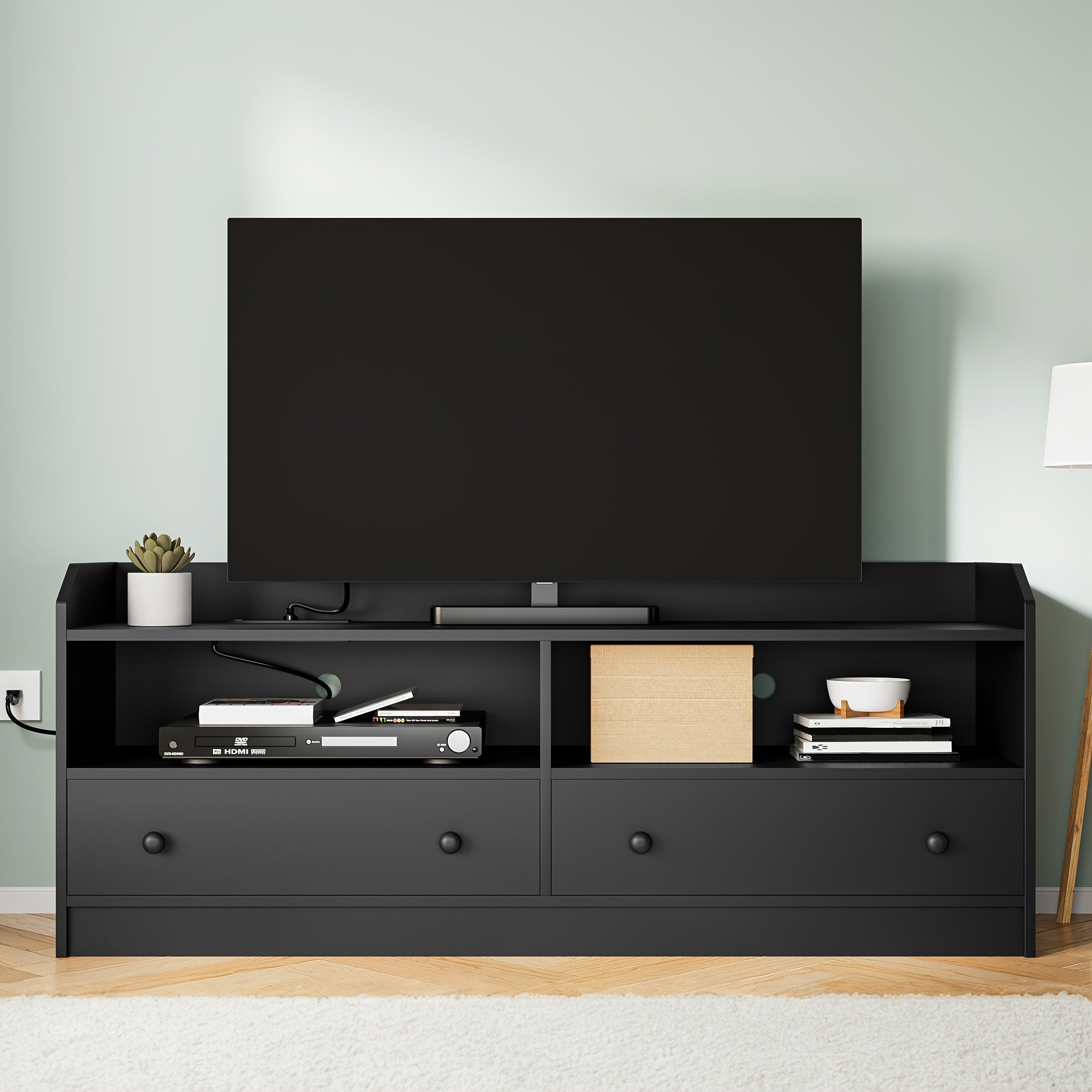 TV Stand for 50 55 60 Inch TV, Entertainment Center, TV Console with 2 Shelves & 2 Drawers, Open Storage Shelf, Media Console for Living Room, Perfect for Storage, Black