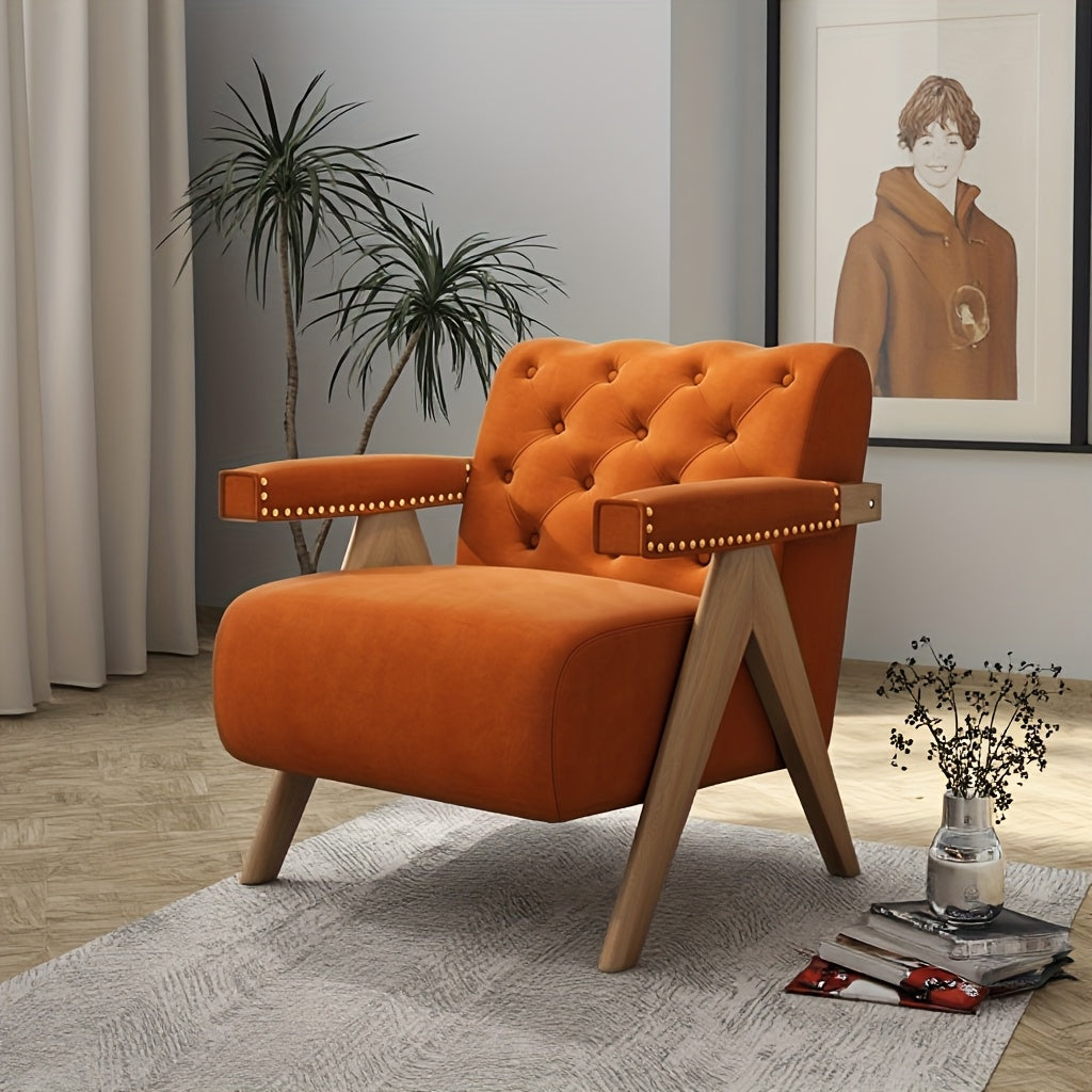 Mid Century Modern Accent Chairs With Solid Wood Frame, Boucle Upholstered Living Room Chairs With Thick Cushion, Comfy Tufted Arm Chair For Bedroom, Velvet Single Sofa