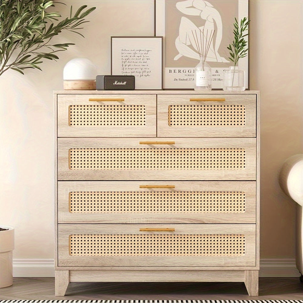 5 Drawer Chest Dresser Rattan 5 Chest Of Drawers For Bedroom Wood Storage Cabinet With Metal Handles For Living Room