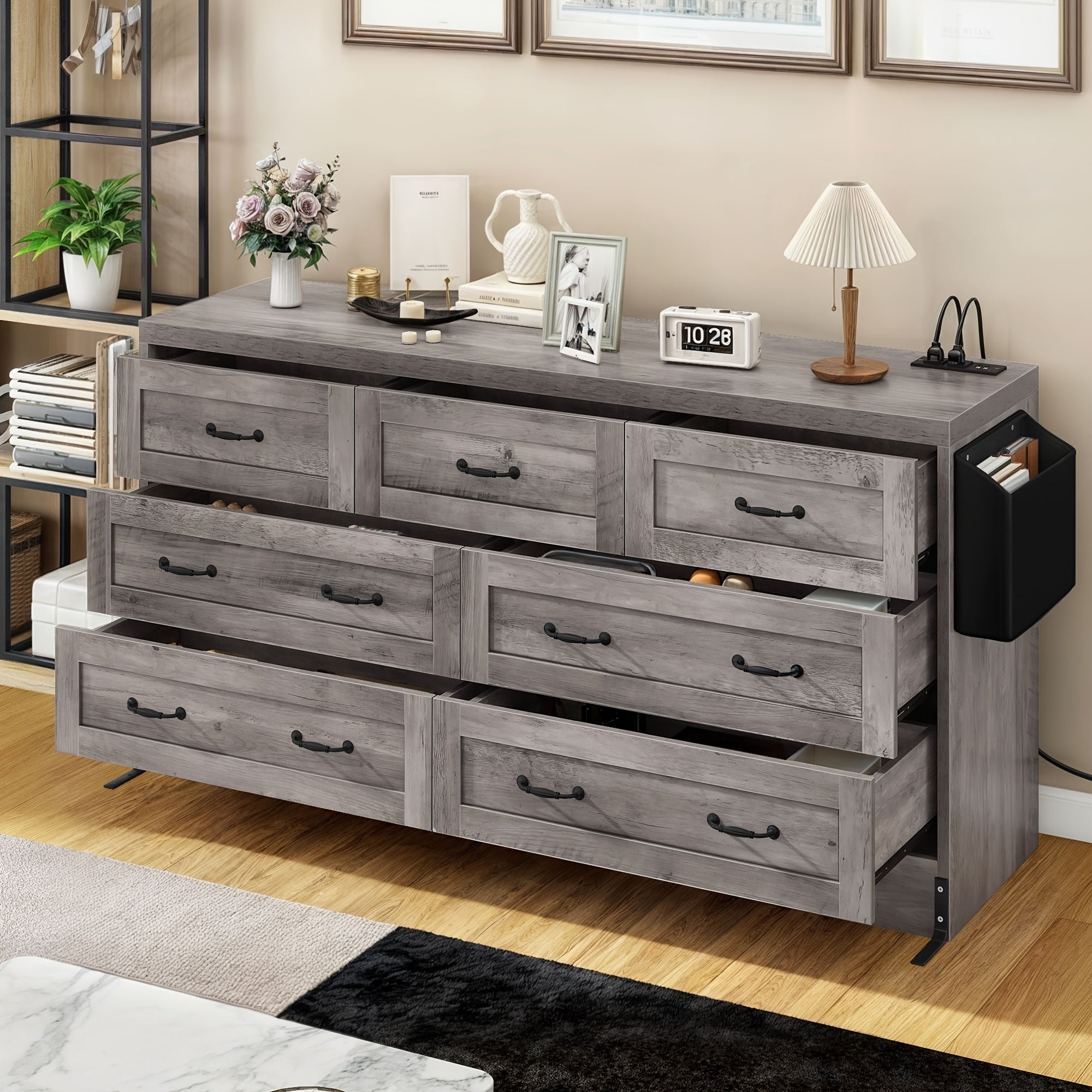 Elegant 7- Drawer Wood Dresser with Charging Station: Versatile Storage Cabinet for Bedroom Entryway and Living Room