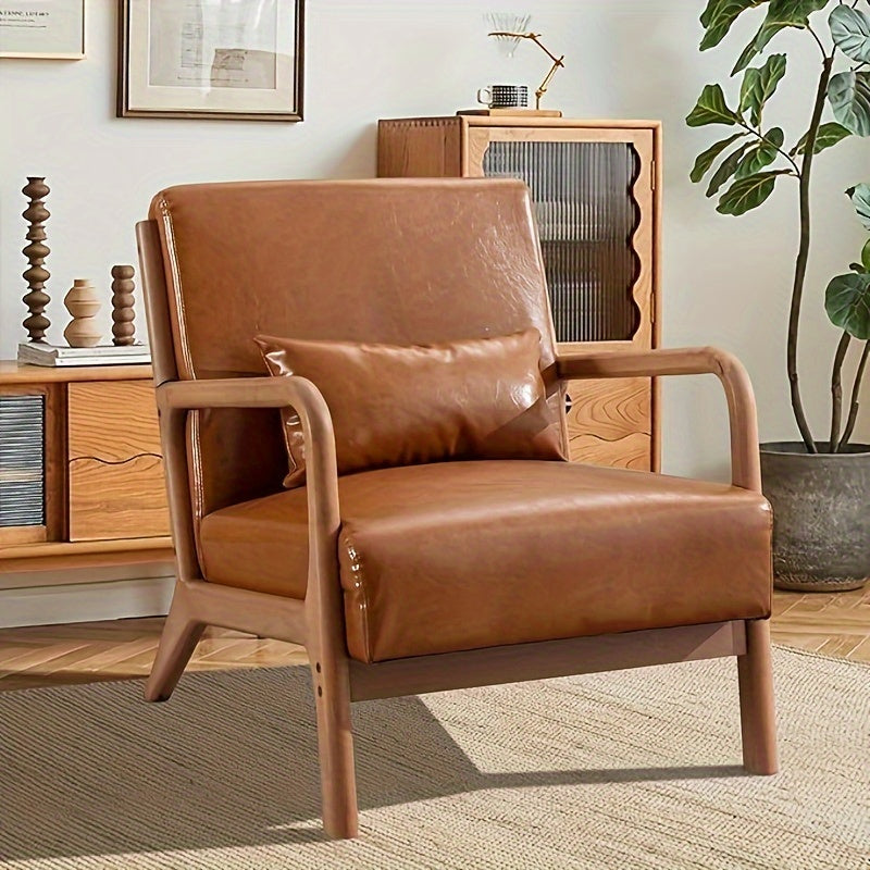 Mid Century Modern Accent Chair With Wood Frame, Upholstered Living Room Chairs With Waist Cushion, Reading Armchair For Bedroom Sunroom