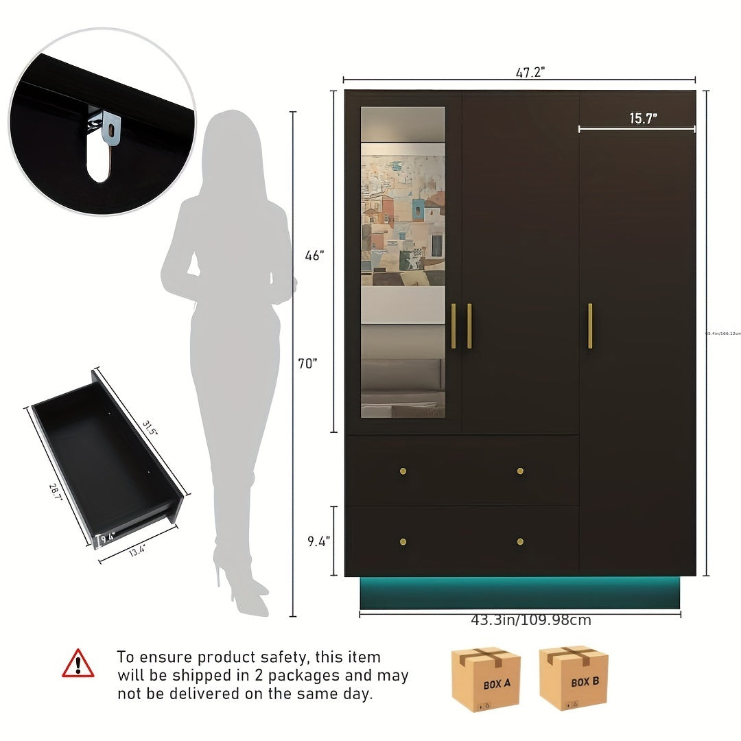 3 Door Wardrobe Closet With Mirror & LED Lights Bedroom Armoire With Drawers & Shelves Modern Wooden Armoire Wardrobe