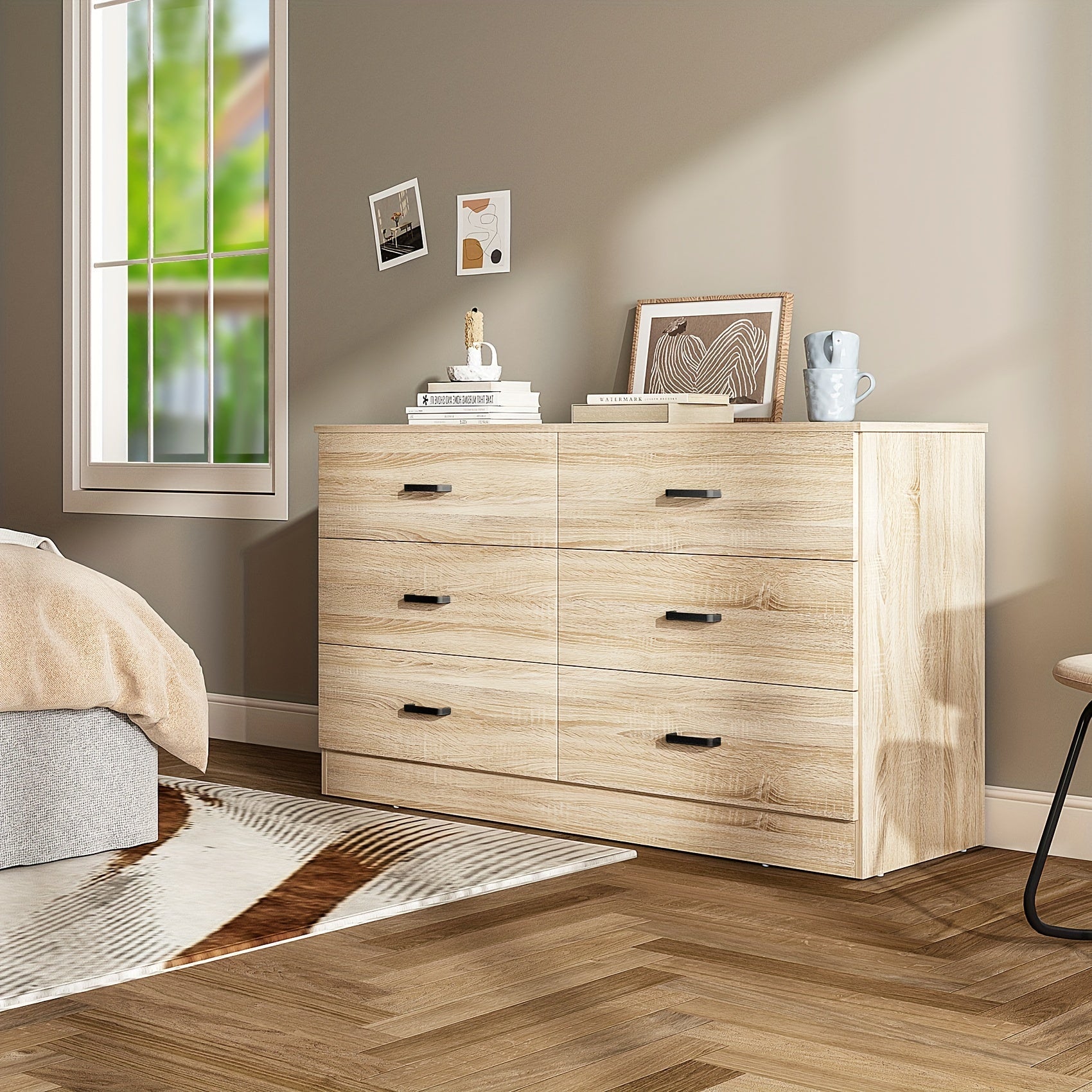 Wood Dresser for Bedroom, 6 Drawer Dresser with Metal Handles, 15.8" D x 47.2" W x 27.7" H, Light Oak