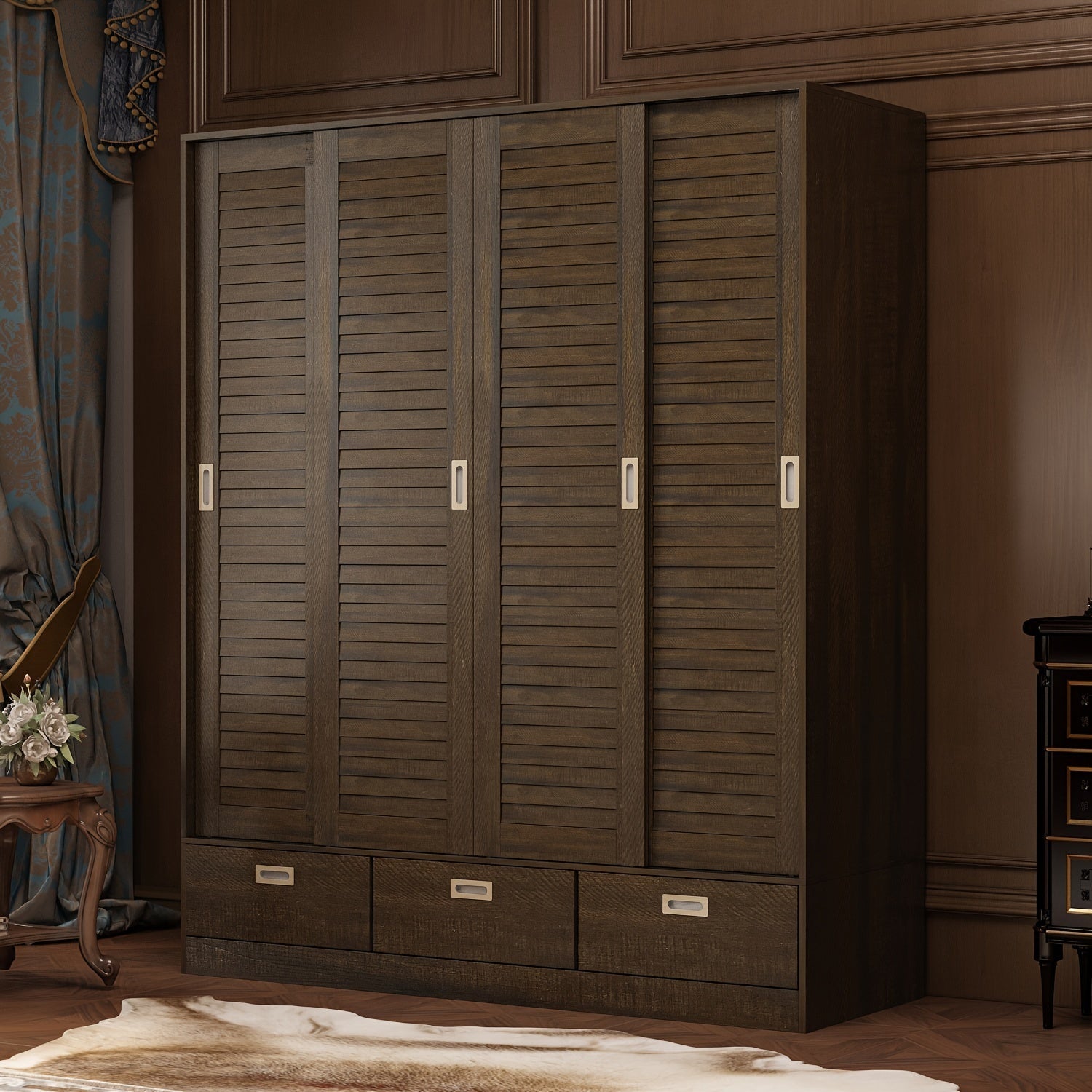 Standalone Wardrobe Closet Featuring 3 Drawers, 4 Smooth-Sliding Doors, & 3 Adjustable Hanging Rails