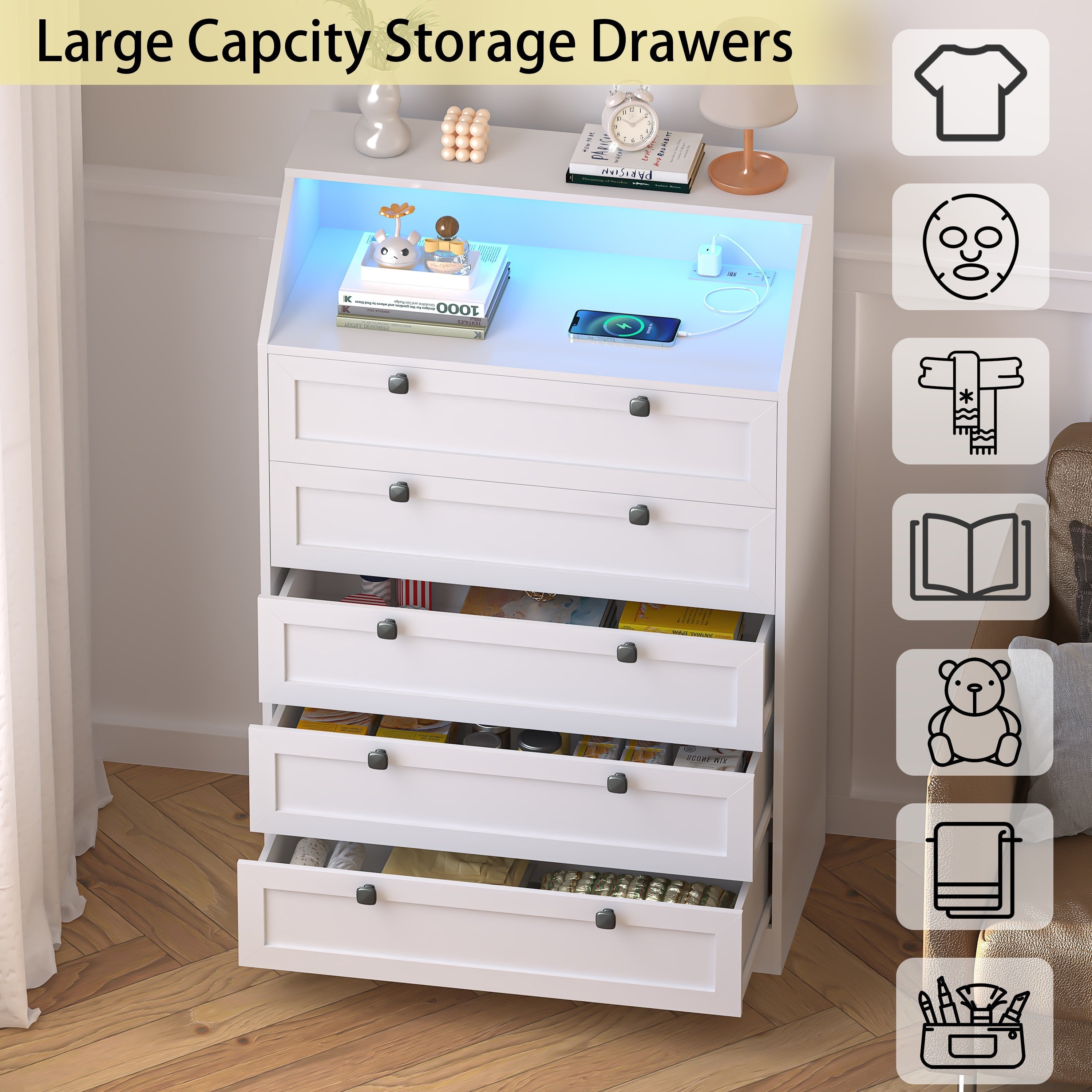 5 Drawer Dresser With Charging Station, LED Dresser For Bedroom, Chest Of Drawers With Deep Drawers, Wood Dresser For Storage And Organization For Bedroom, Living Room, Hallway