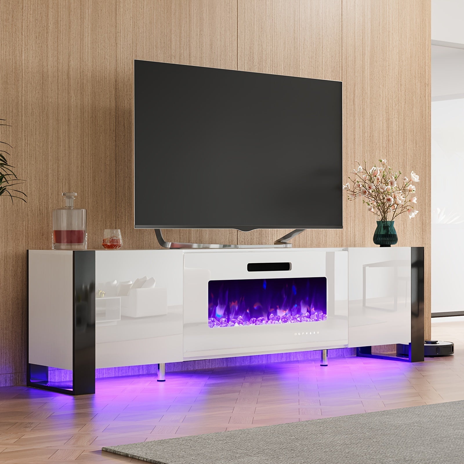 Fireplace TV Stand With Fireplaces, Modern High Gloss Entertainment Center LED Lights, U-Shaped Legs TV Console Cabinet For Living Room