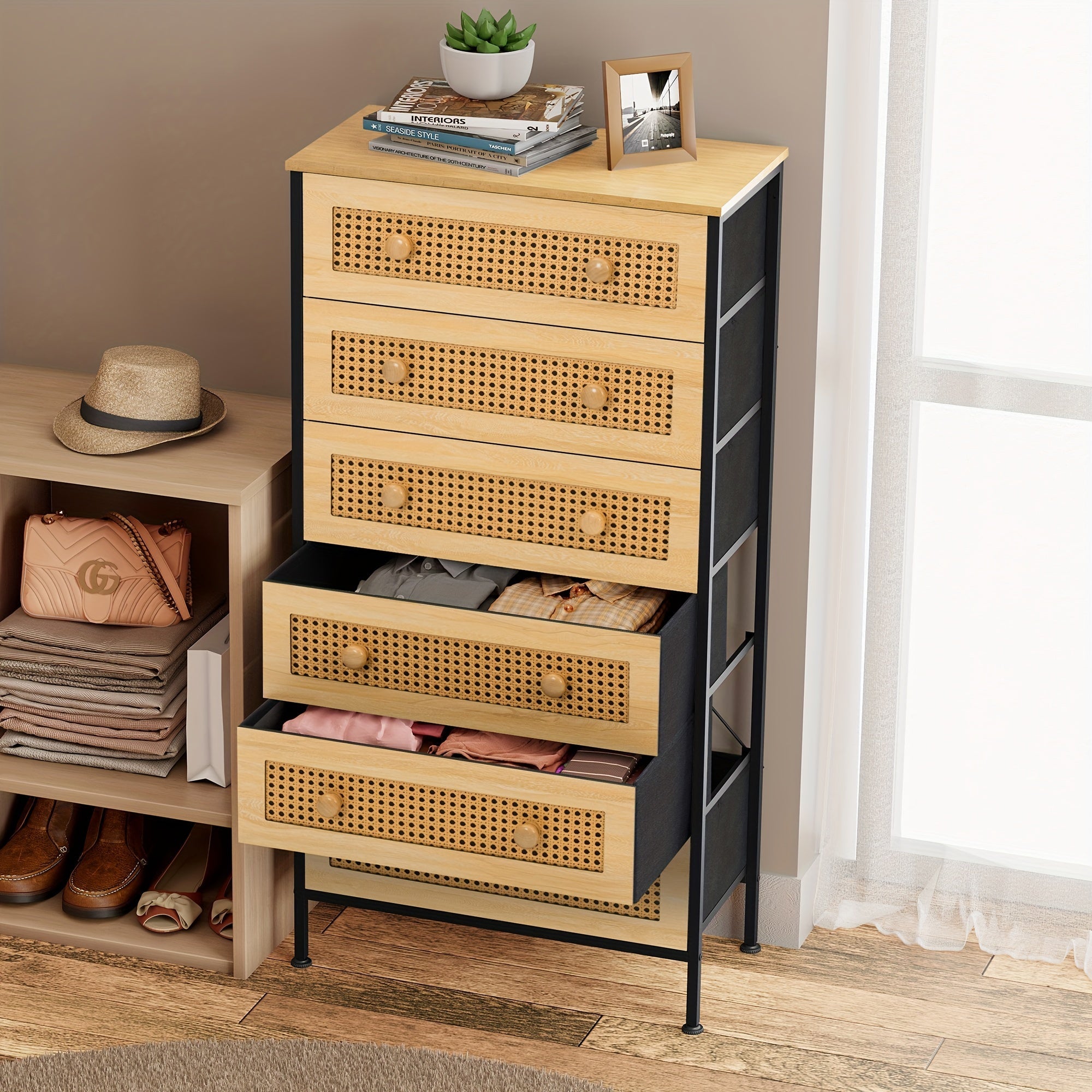 Rattan Dresser Storage Tower - Sturdy Steel Frame, Wood Top, Easy Pull Fabric Bins, Wood Handles - Organizer Unit For Bedroom, Hallway, Entryway, Closets - 6 Drawers (Natural)