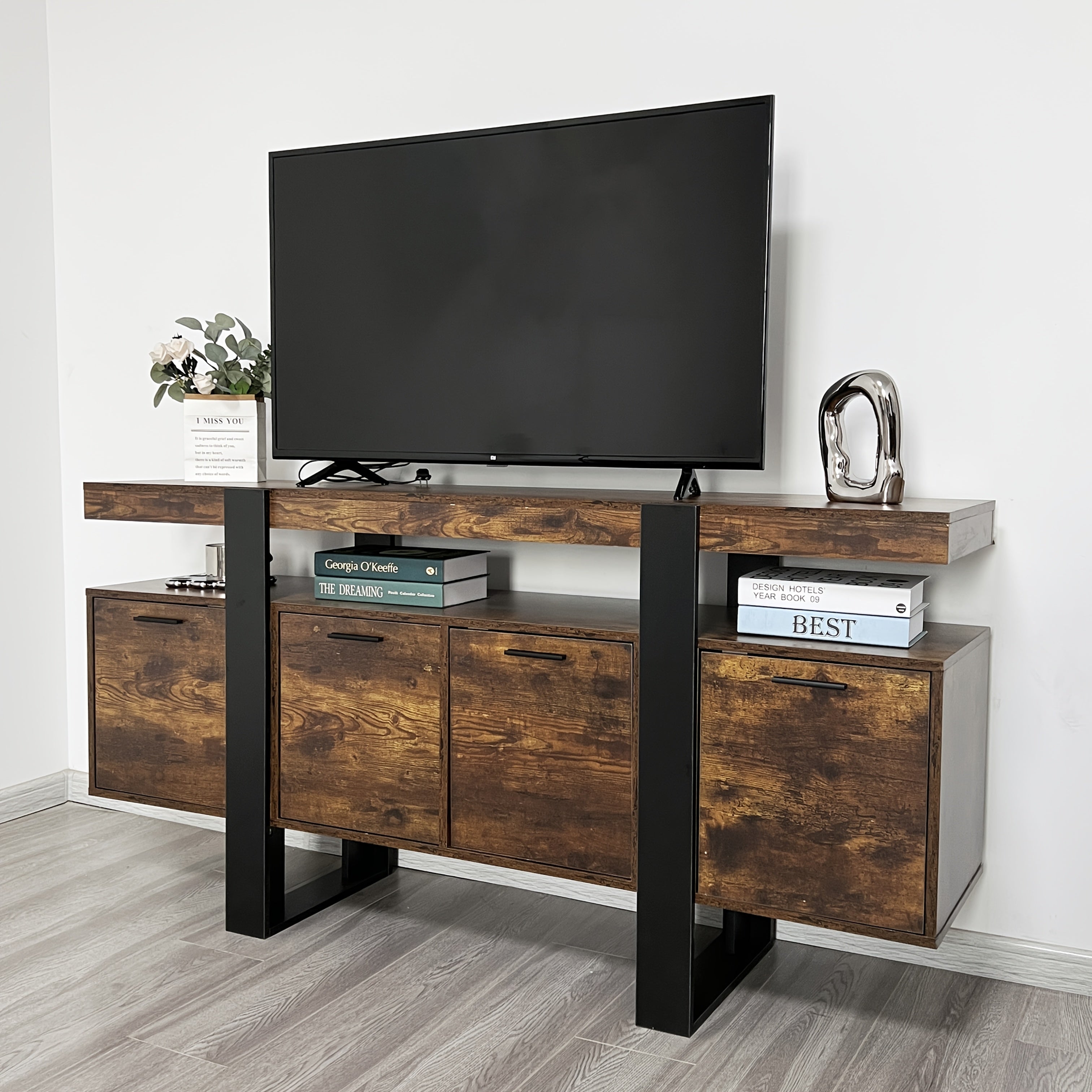 Rustic Brown TV Stand for 140-152cm TVs - Mid-Century Modern Entertainment Center with Storage Freestanding Wooden