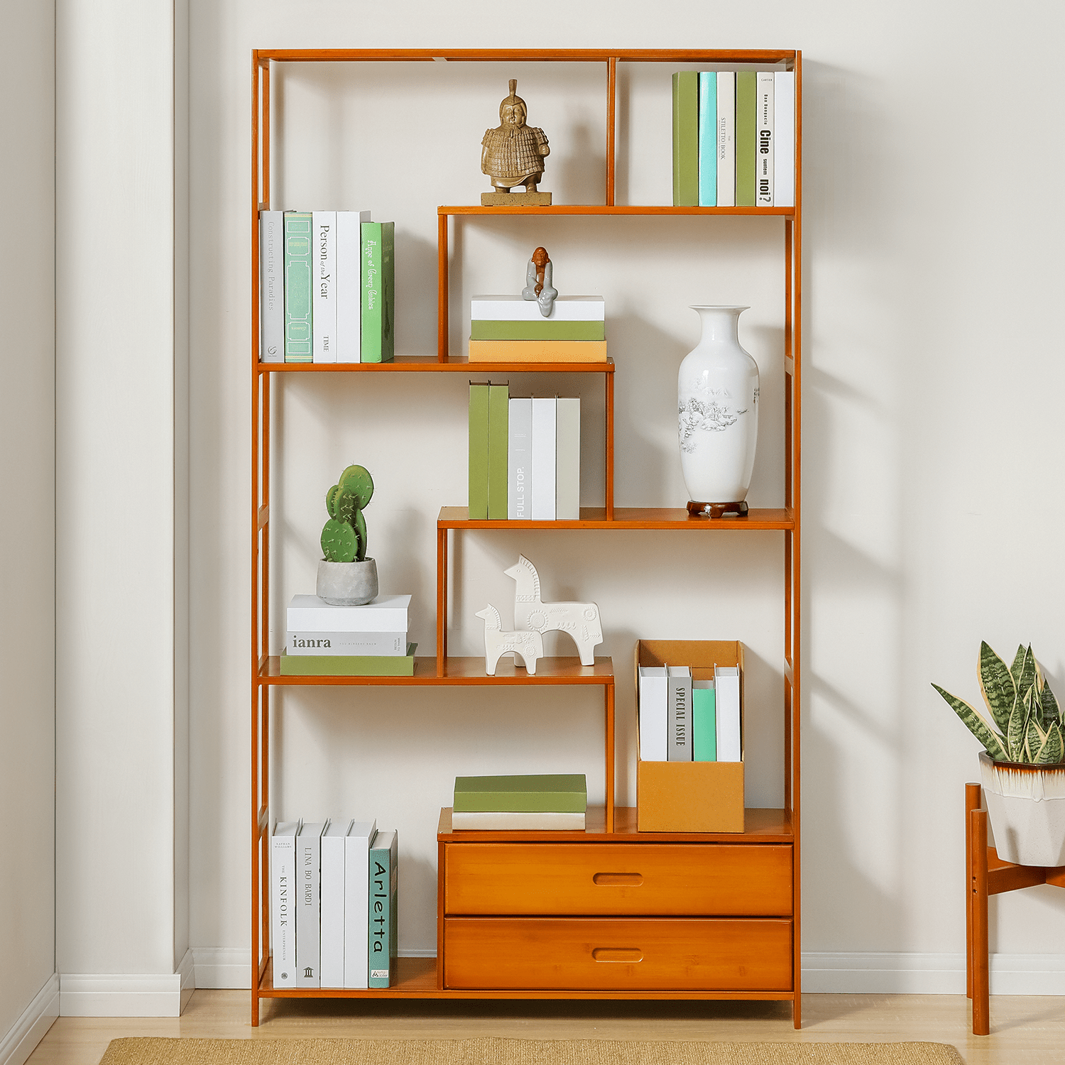 Magshion Bamboo 7 Tiers 2 Drawers Bookshelf Books Display Storage Bookcase Brown for Home - Brown - Bookshelf Westberry