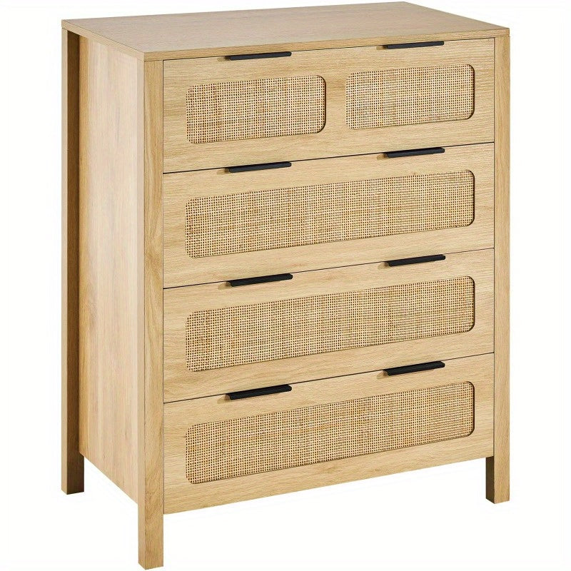 7 Drawer Rattan Dresser Boho Dresser Natural Rattan Chest of Drawers with Spacious for Bedroom Living Room and Hallway Rattan Nightstand with Sturdy HandlesandLegs Natural Wood