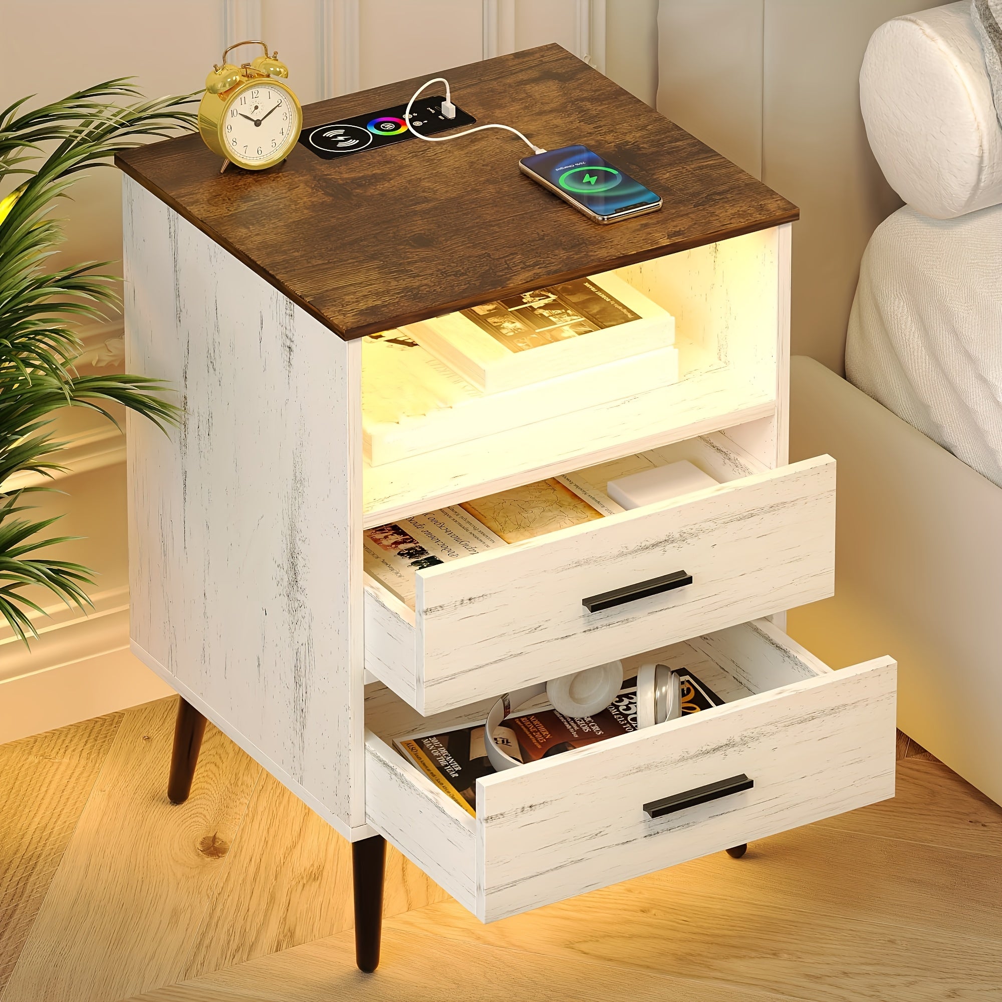 White Nightstand With Charging Station And LED Lights, Smart Night Stand Wood With 2 Drawers And Open Storage, Bedside Table, End Table For Bedroom Living Room