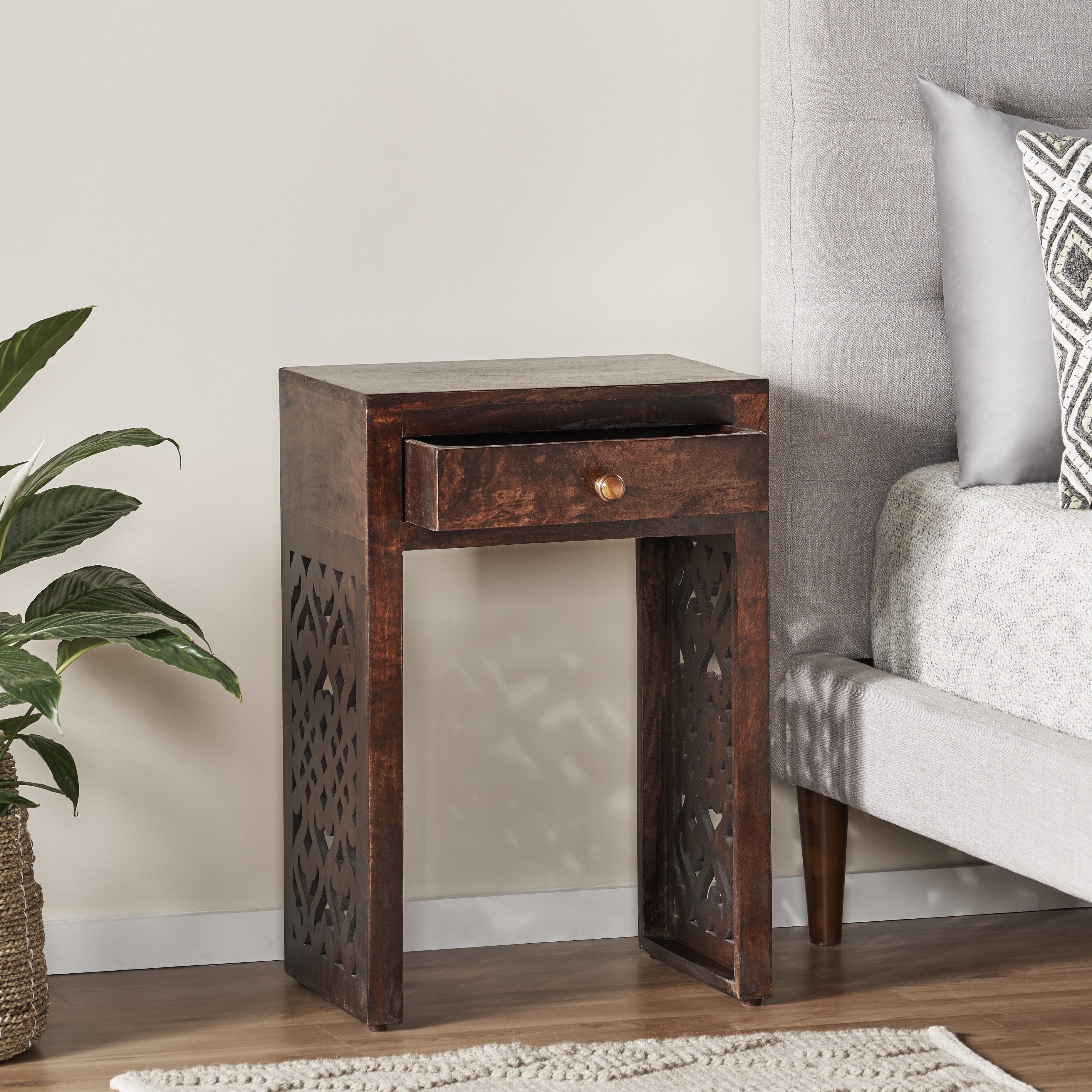 Elegant Antique End Table with Drawer - Handcrafted Mid-Century Design in Rich Brown, Space-Saving Hardwood Nightstand with Decorative Cut-Out Panels for Bedroom & Living Room Elegance, Table Decor