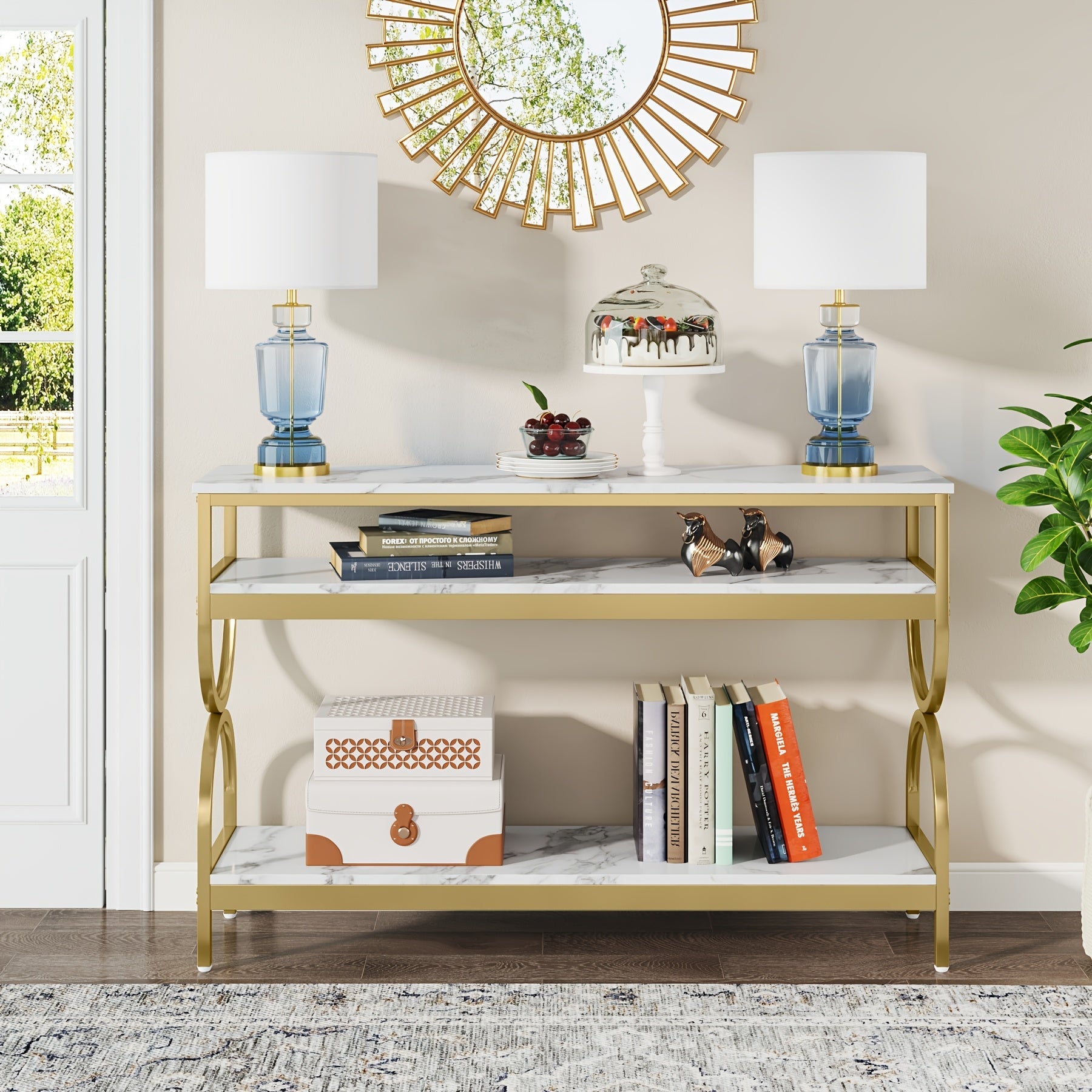 Elegant 55" White & Golden Console Table with Faux Marble Top - 3-Tier Open Storage Shelves, Sturdy Wood & Iron Construction, Ideal for Entryway, Living Room Decor, Table Decor