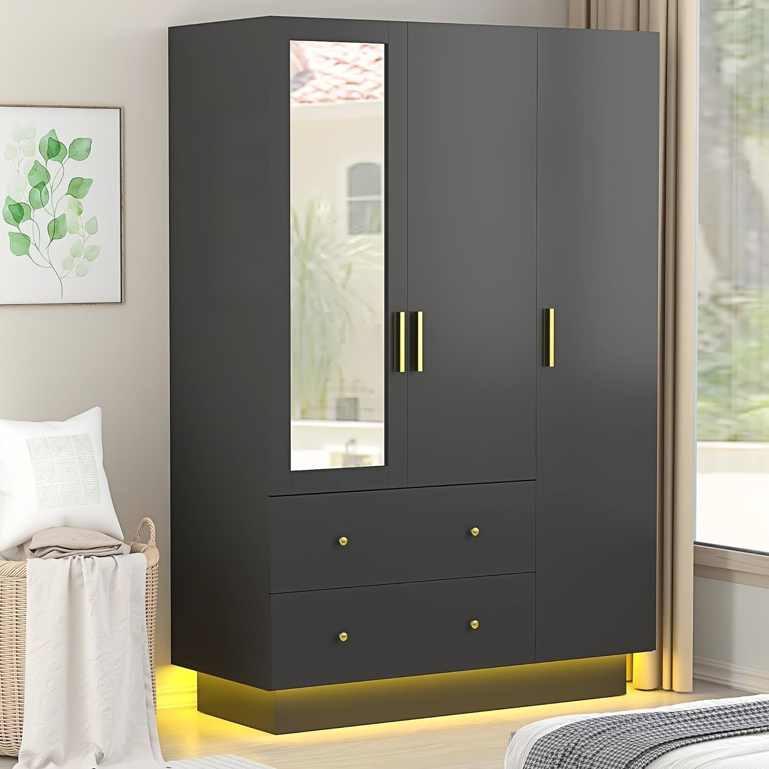 3 Door Wardrobe Closet With Mirror & LED Lights Bedroom Armoire With Drawers & Shelves Modern Wooden Armoire Wardrobe
