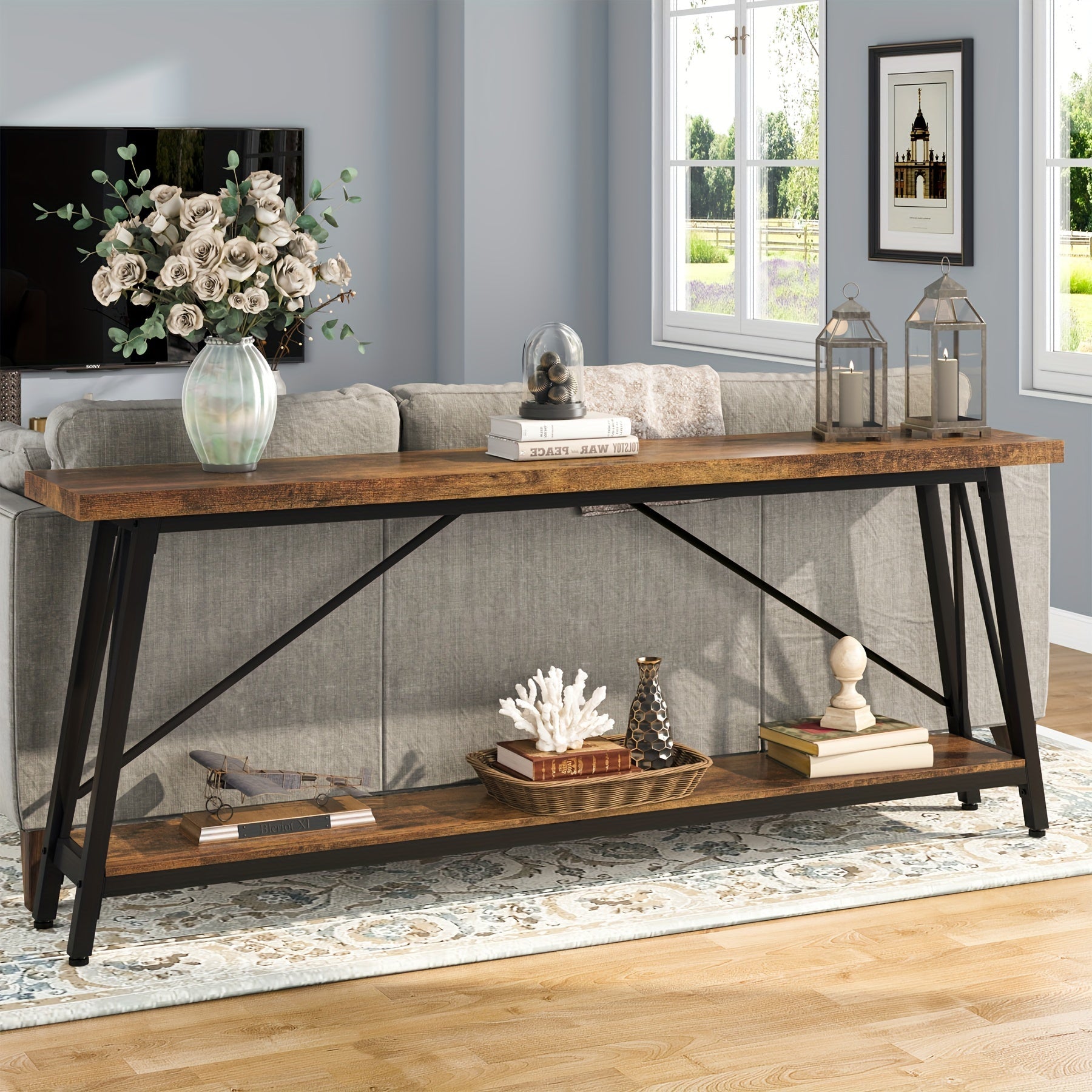 70.9" Extra Long Sofa Table Behind Couch, Industrial Entry Console Table for Hallway, Entryway & Living Room, Rustic Brown