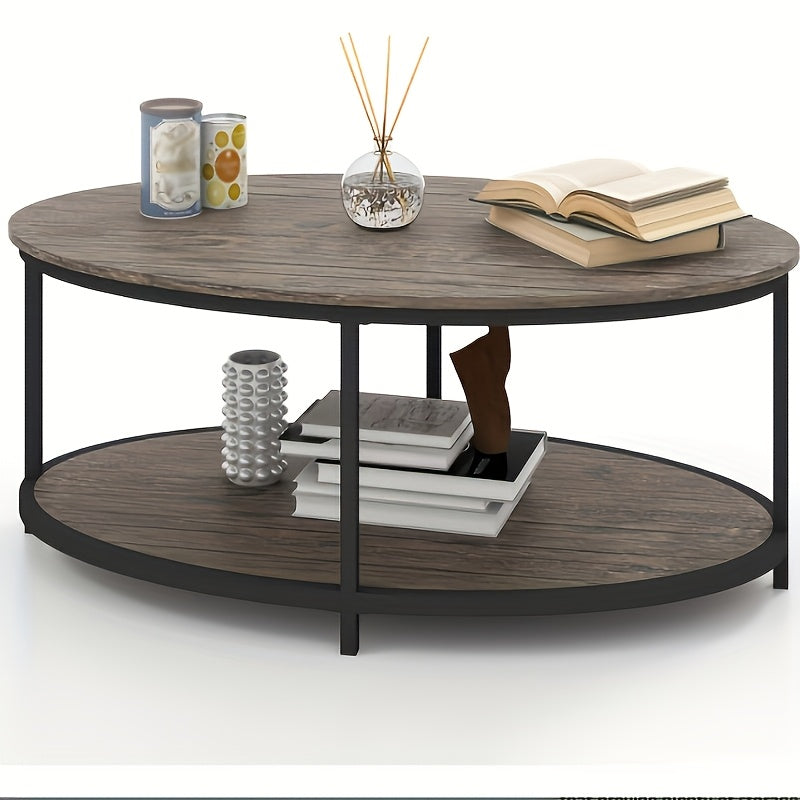 Oval Coffee Table 110cm Coffee Table With Wooden Shelf 2-Tier Modern Table Open Storage For Living Room Bedroom Home