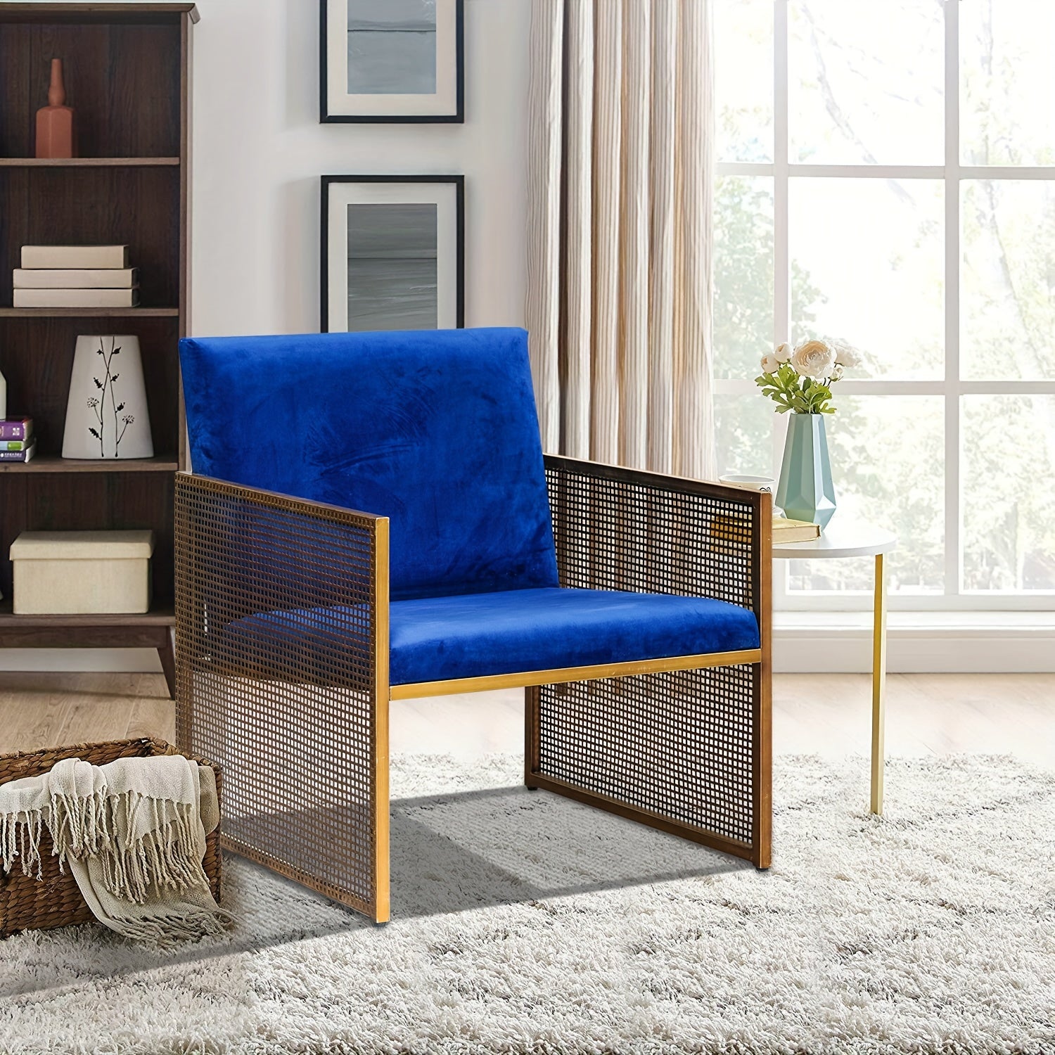 Elegant Blue Velvet Accent Chair with Memory Foam Cushion - Modern Mesh Design, Metal Arms, Solid Back for Living Room & Lounge, Easy to Clean