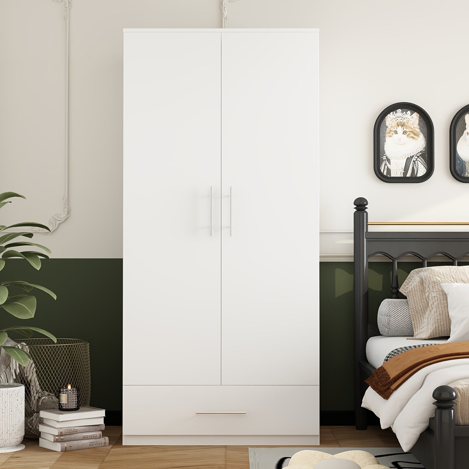 2 Door Wardrobe with Drawers, Independent Wardrobe with Hanging Rods, Bedroom Specific Wooden Clothing Storage Cabinet with Large Storage Capacity