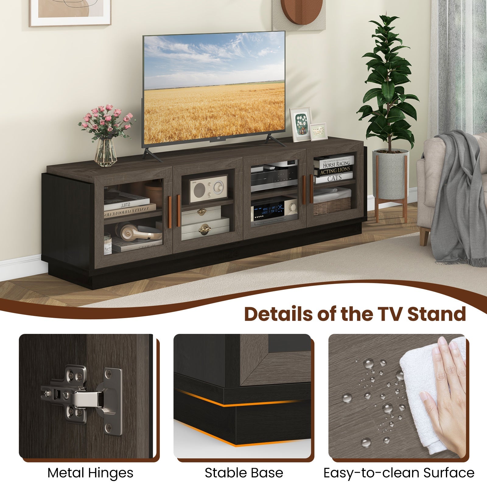 Large TV Stand for 75" TVs, Modern Console Table with 4 Tempered Glass Doors, Adjustable Shelves & Cable Holes, Engineered Wood and Metal Entertainment Center Display Cabinet - Brown/Black, Storage Cabinet, Living Roo