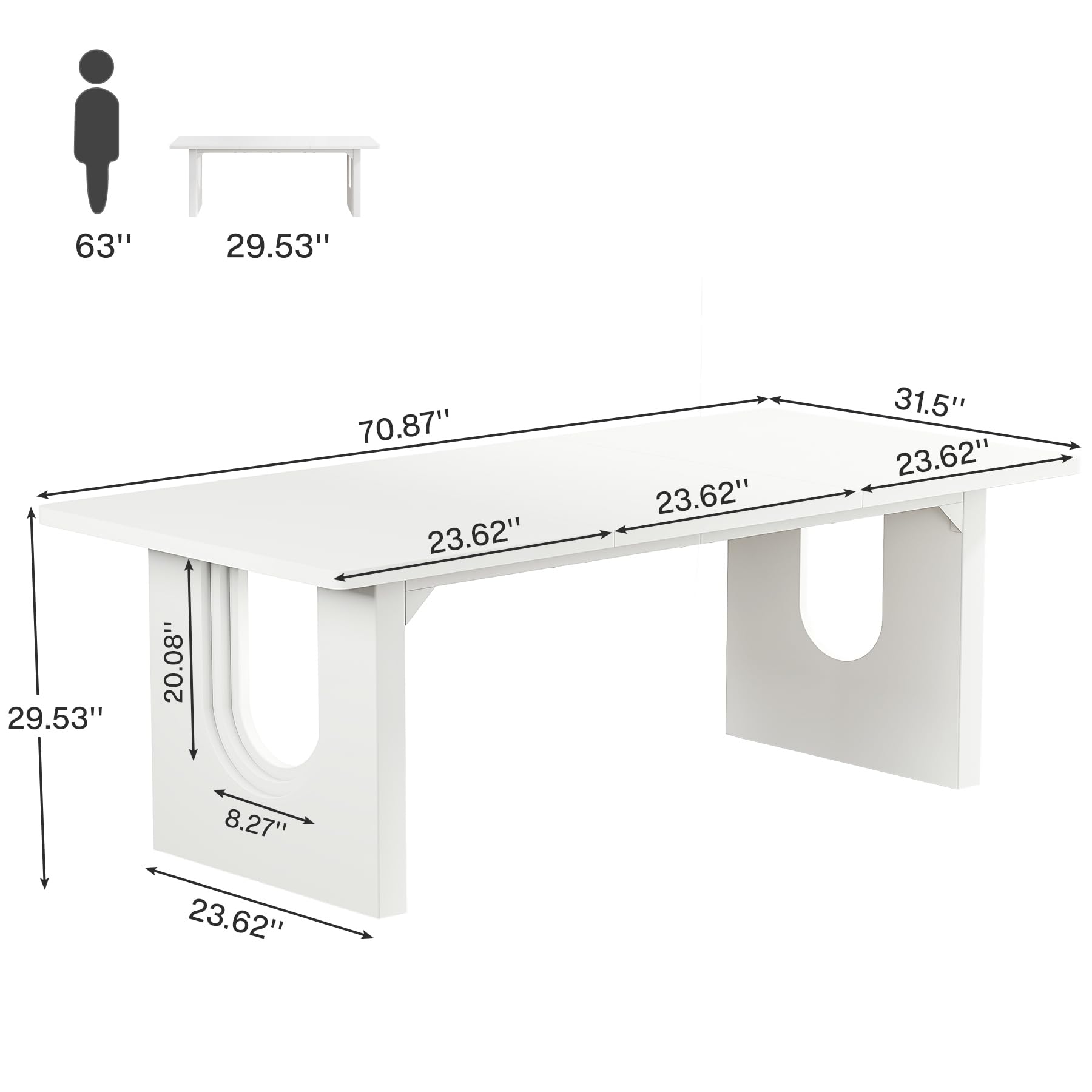 Modern Dining Table for 6 to 8 People, 180cm Large Kitchen Dining Table with Wood Pedestal Base, Rectangular Long Dinner Table for Kitchen, Dining Room, Living Room, White