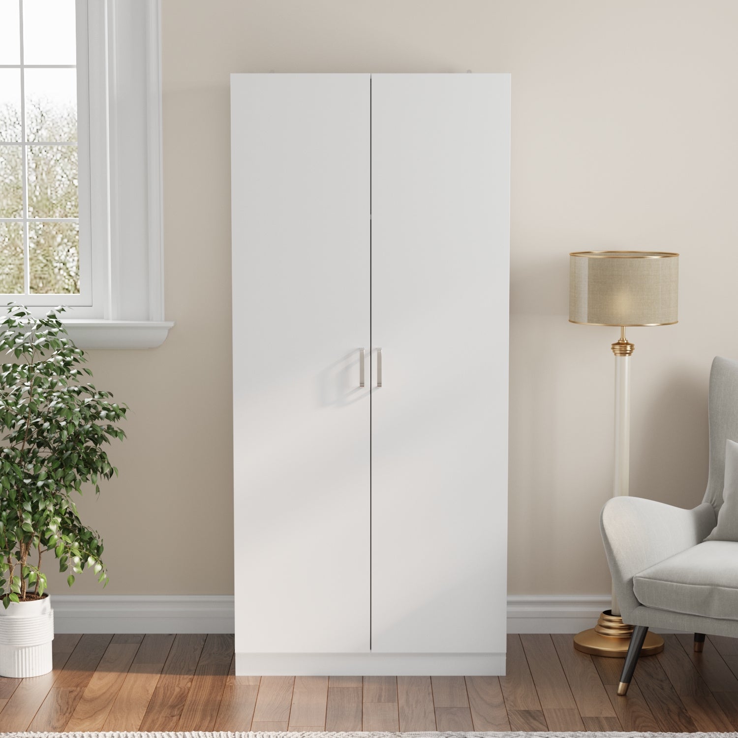 Wardrobe Armoire Closet with 2 Doors, Freestanding Wardrobe Cabinet with Storage Shelves & Hanging Rod, Bedroom Clothes Cabinet Organizer, White