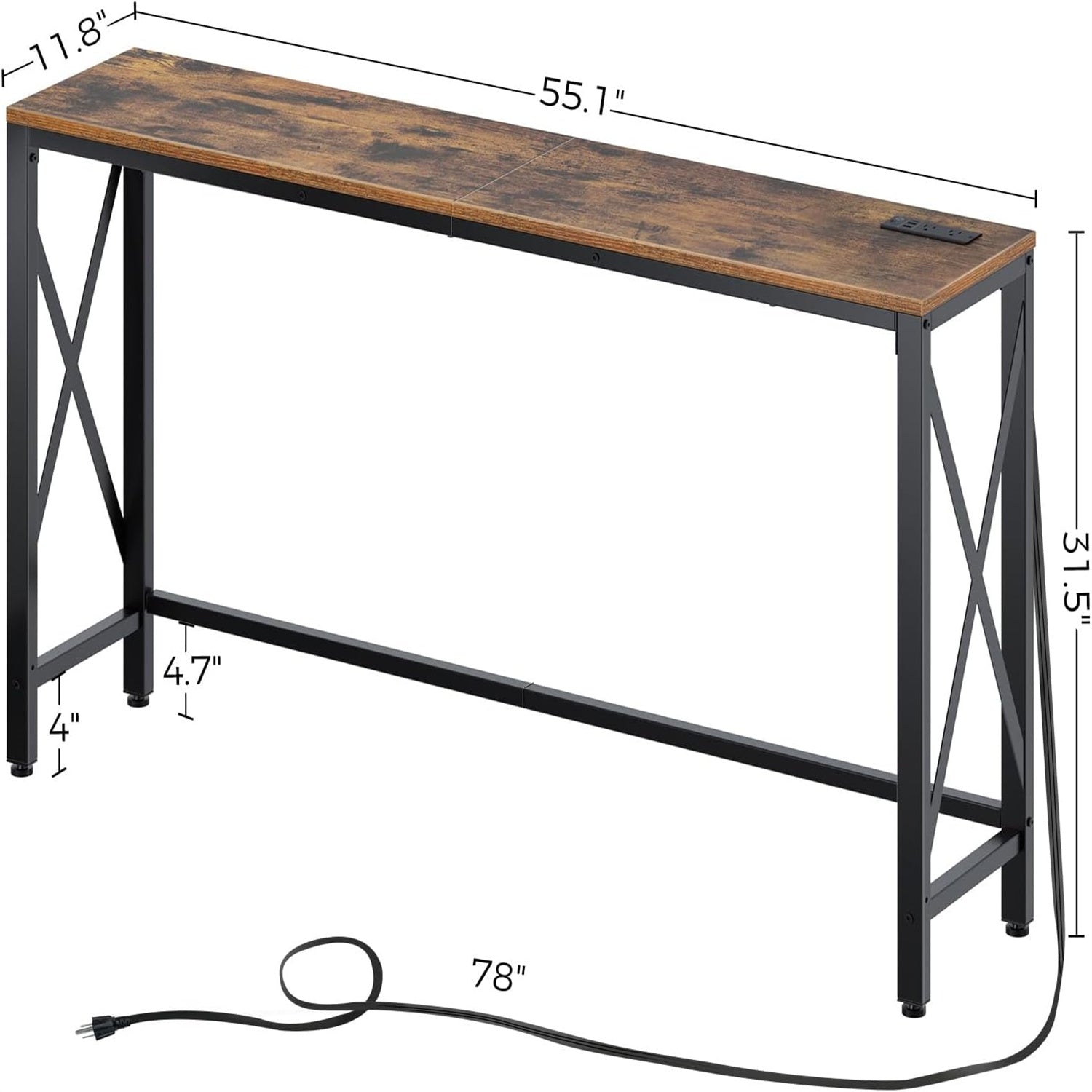 55.1/70.8 Inch Console Table with Outlet, Sofa Table with Charging Station, Industrial Entryway Table, Narrow Entryway Table, Skinny Hallway Table, Behind Couch Table, Behind Couch Table for Entryway, Hallway, Foyer, Living R