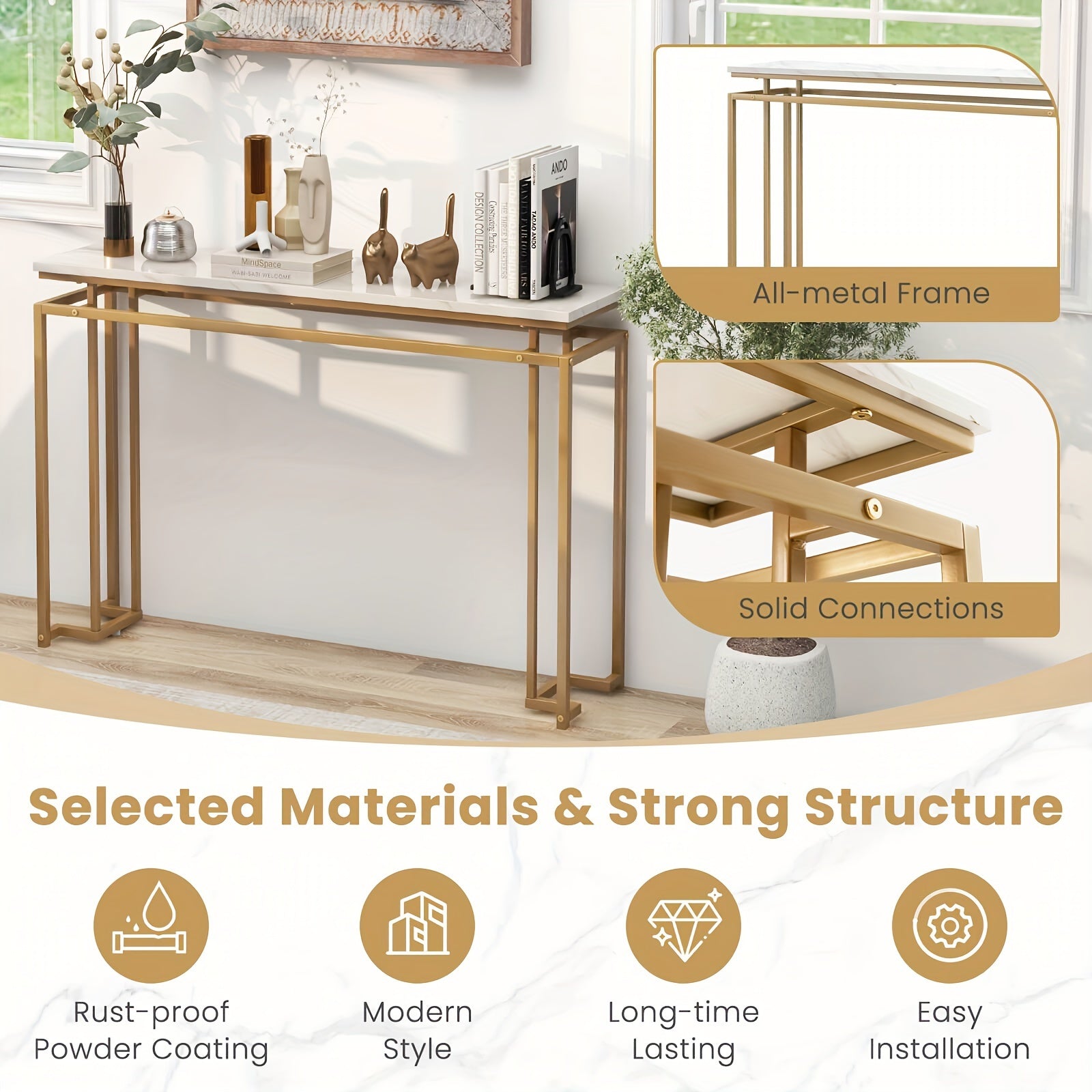 Elegant 47" White Faux Marble Top Console Table with Golden Metal Frame - Modern Entryway Table with Anti-Toppling Kit, Adjustable Feet for Stability, Waterproof & Durable - Perfect for Decor & Everyday Use, Console Table for