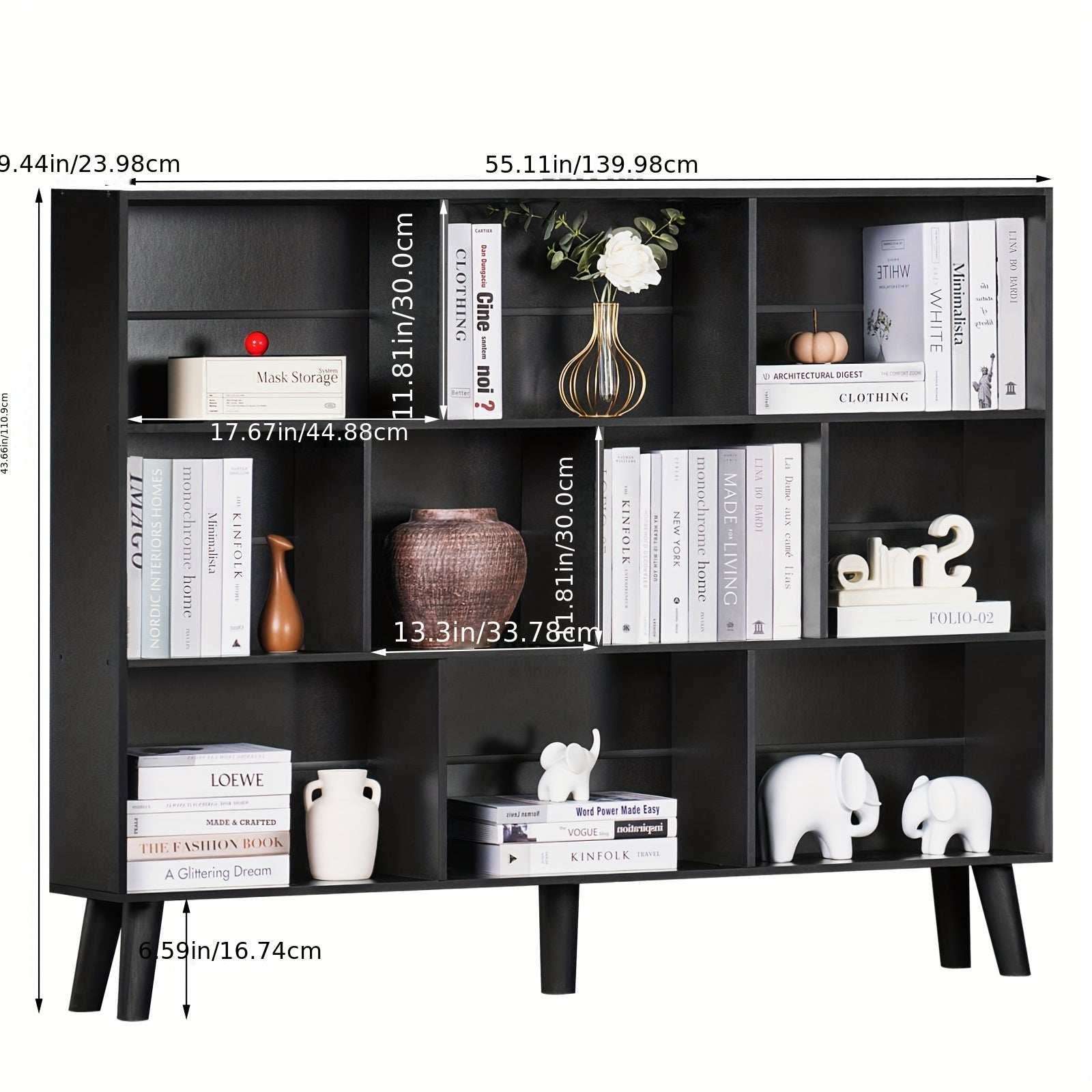 10 Cube Bookshelf, 3 Tier Modern Wide Bookcase With Legs, Mid-Century Wood Bookshelves Storage, Black Large Book Case, Freestanding Organizer Display Shelf For Bedroom, Living Room, Office