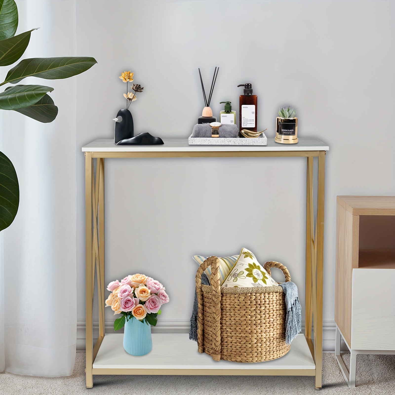 2-Tier Console Table, Golden Sofa Entry Table With White Top And Golden Metal Frame For Home