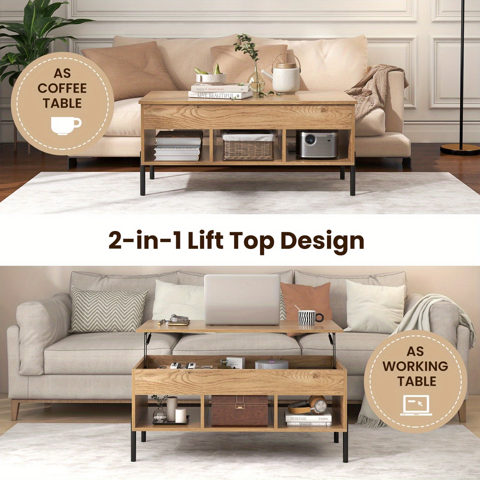 Versatile Lift-Top Coffee Table with Storage - Contemporary Design, 3 Open Cubbies & Hidden Compartment for Living Room Organization, MULTIGOT