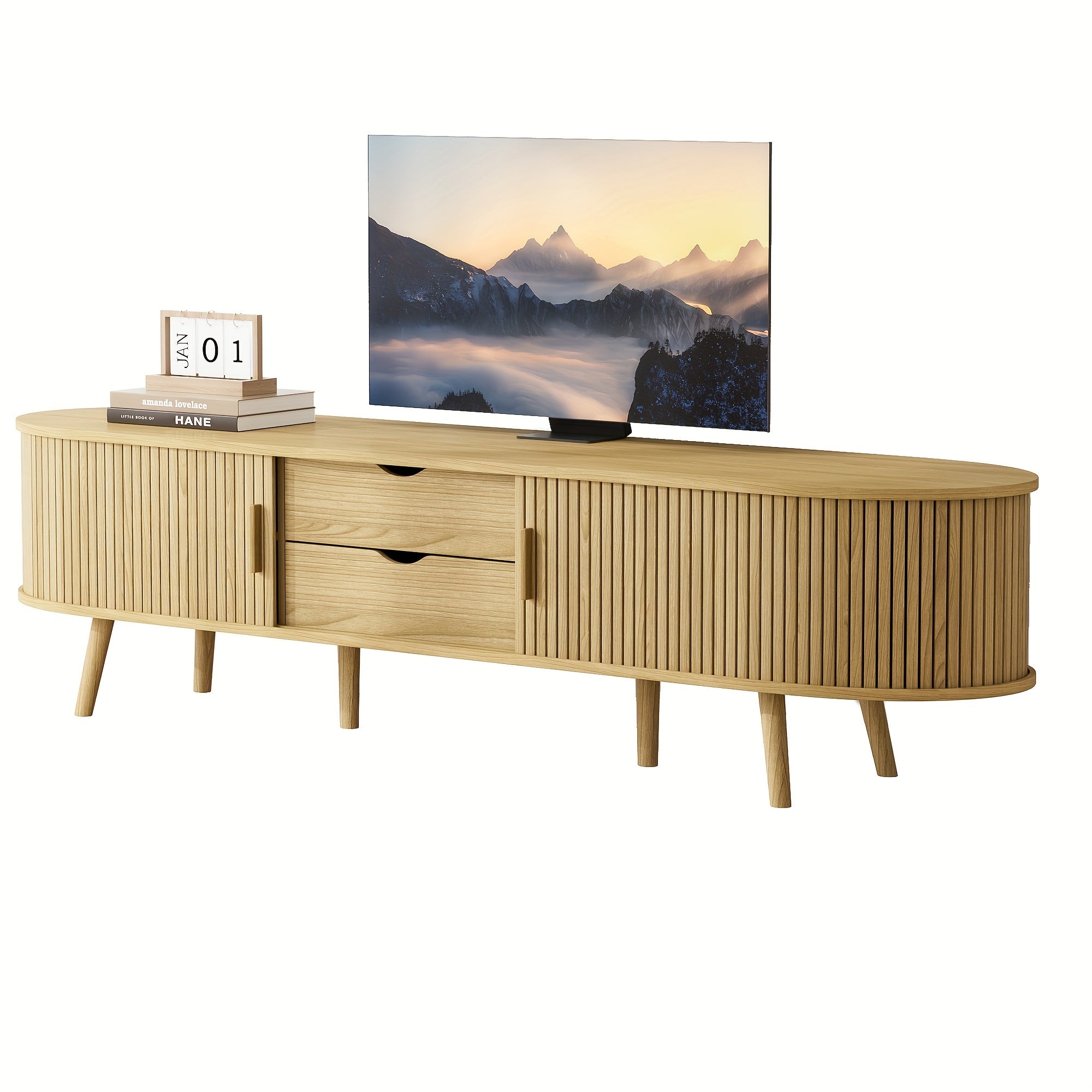 Chic Curved Edge Modern TV Stand - 55/69" Oak/Walnut, Farmhouse Style with 2 Drawers & Adjustable Shelves, Solid Wood Legs, Beige Media Console Table, Tv Console for Living Room