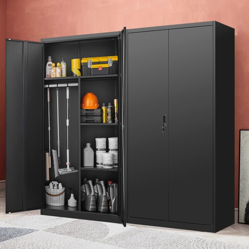 Black Metal Wardrobe Cabinet with Hanging Rod and Lock Adjustable Shelves and Doors Storage Closet for Home Living Laundry Room