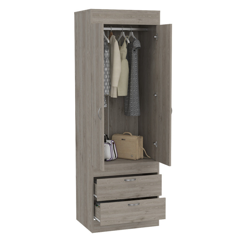 Armoire Rod Double Door Two Drawers Metal Handles Light Gray