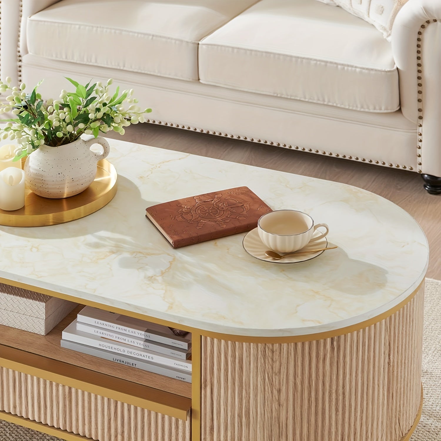 Modern Luxury Fluted Coffee Table, 122cm Oval Coffee Table With Drawer, Faux Marble Top, Curved Profile Design, Golden Metal Decor, Center Table For Living Room