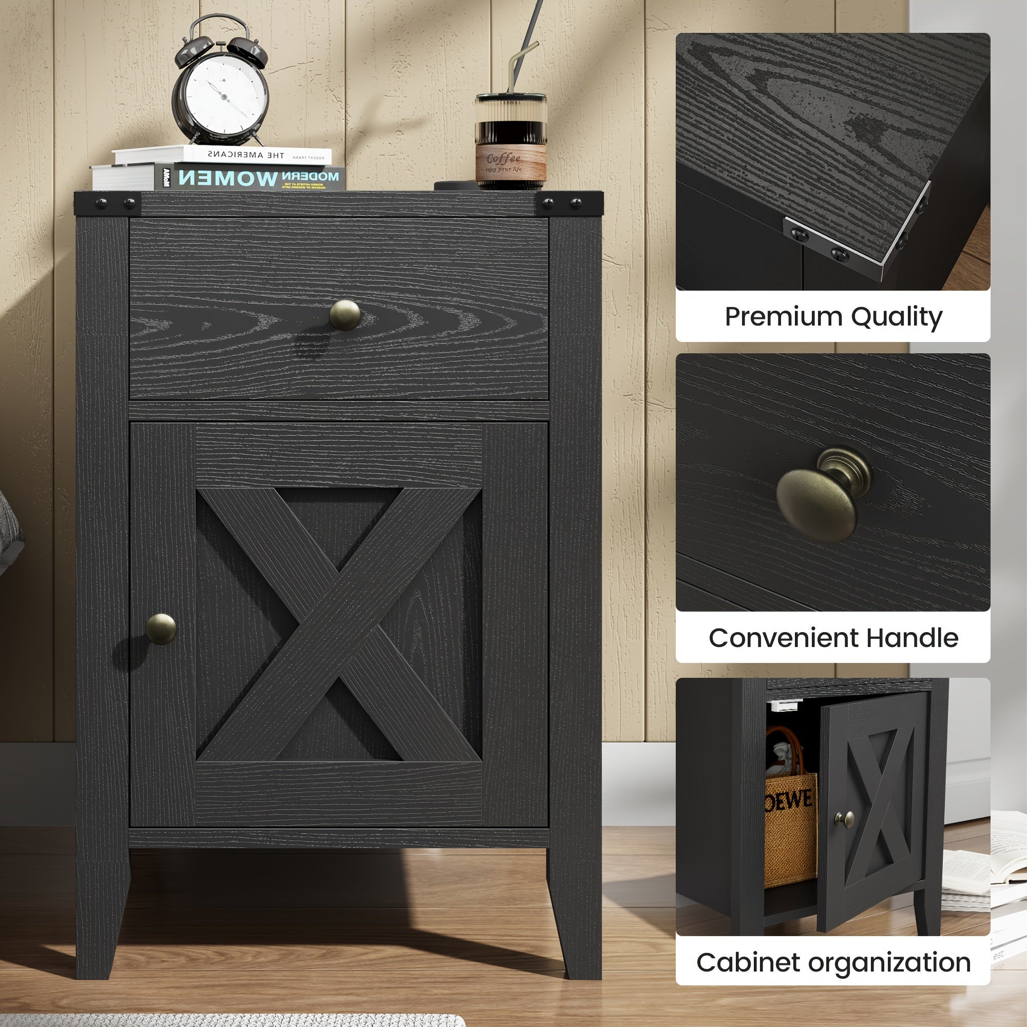 Farmhouse 23.6'' H Black Nightstand, Bed Side Table With Drawers & Storage Cabinet, End Table (1 PC/ 2 PCS) Black